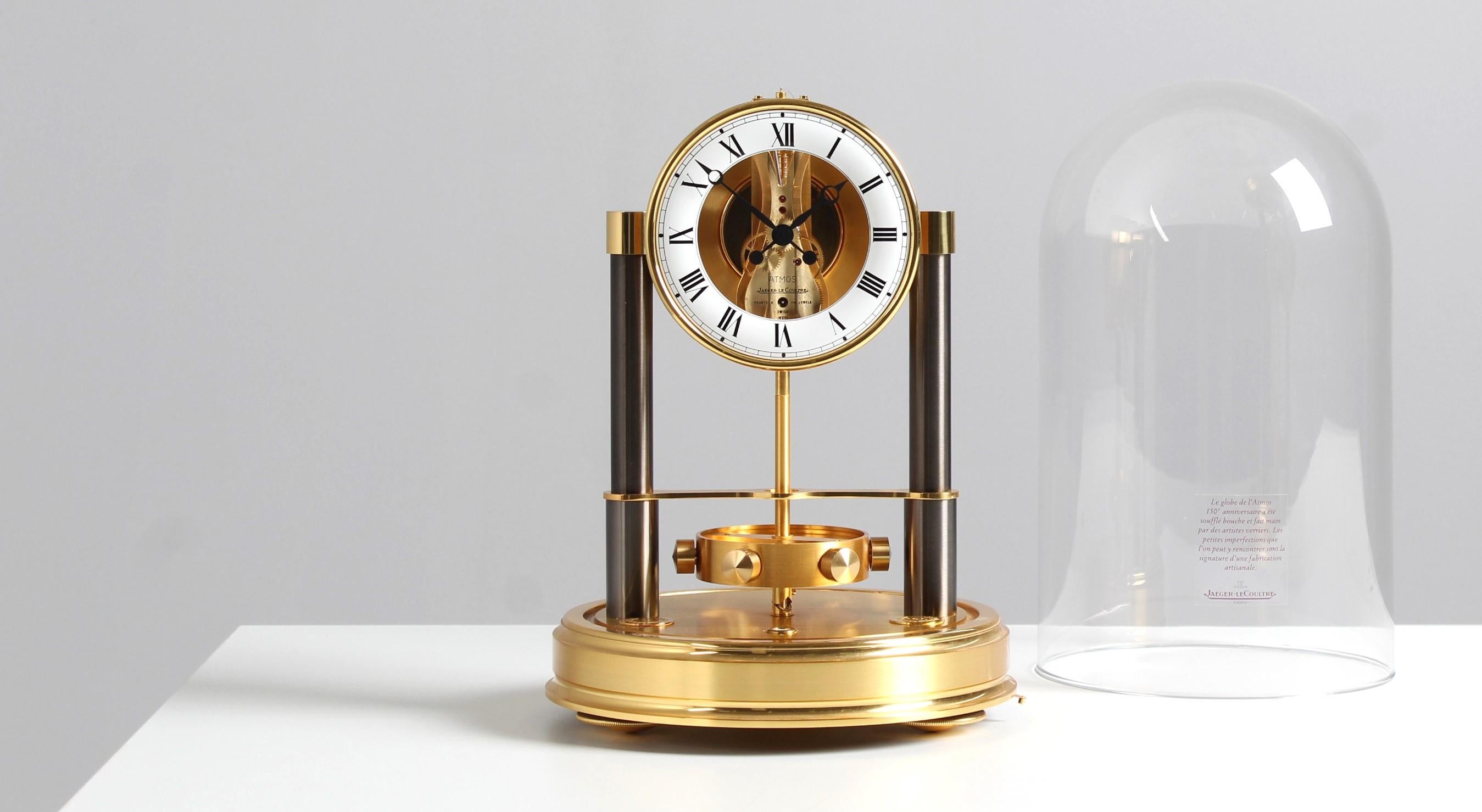 Jaeger LeCoultre - Atmos 150th Anniversary in full set with box and papers

Switzerland
brass, glass, enamel
Year of manufacture 1983

Dimensions: H x D: 34 x 22 cm

Description:
Fine and rare Atmos clock made for the 150th anniversary of the