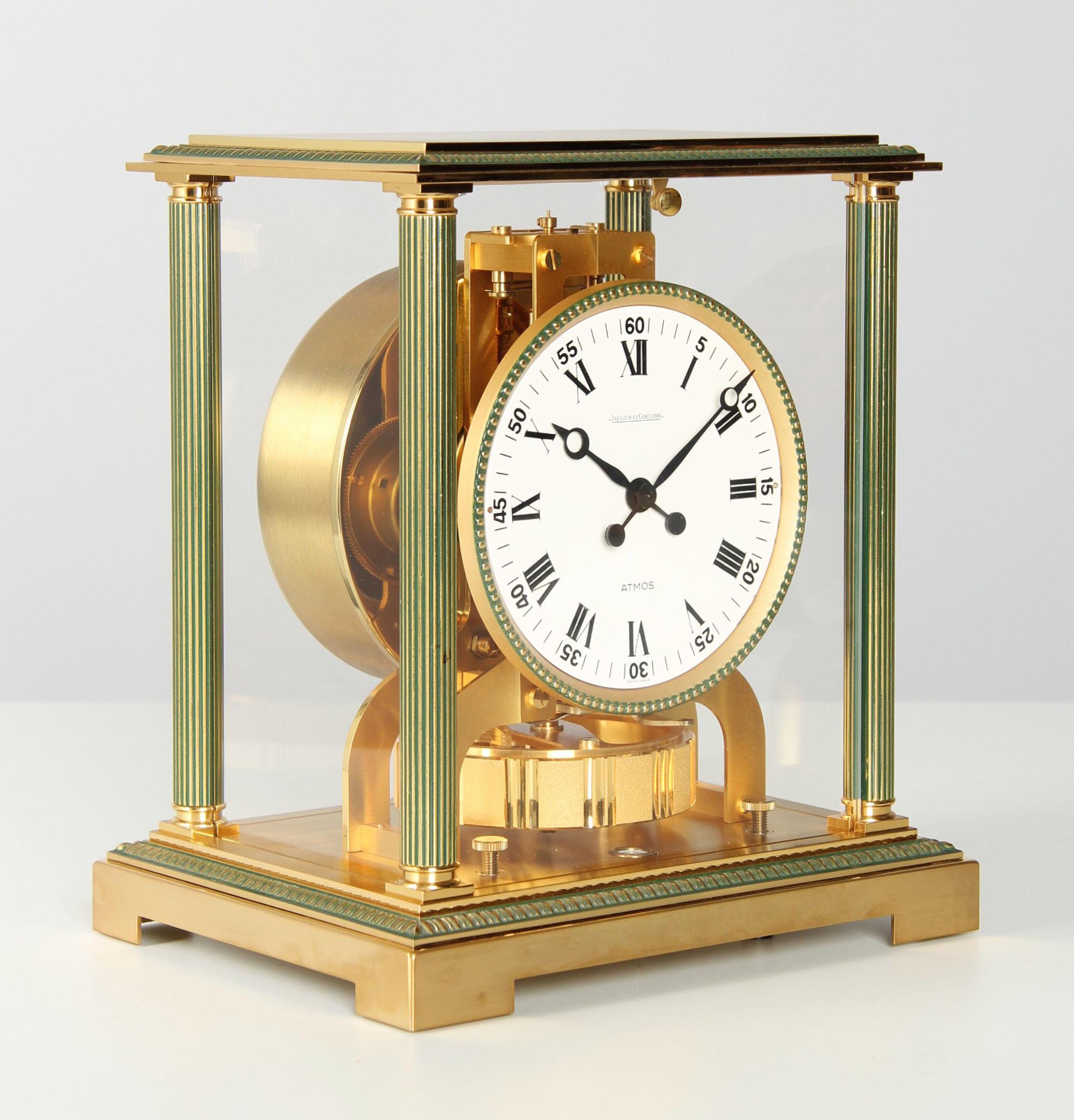 Jaeger LeCoultre - Atmos Clock with Box and Papers

Switzerland
Brass gold plated
Year of manufacture 1978

Dimensions: H x W x D: 24 x 21 x 16 cm.

Description:
Atmos Vendome calibre 526 with gold-plated base and fluted columns.
White dial with