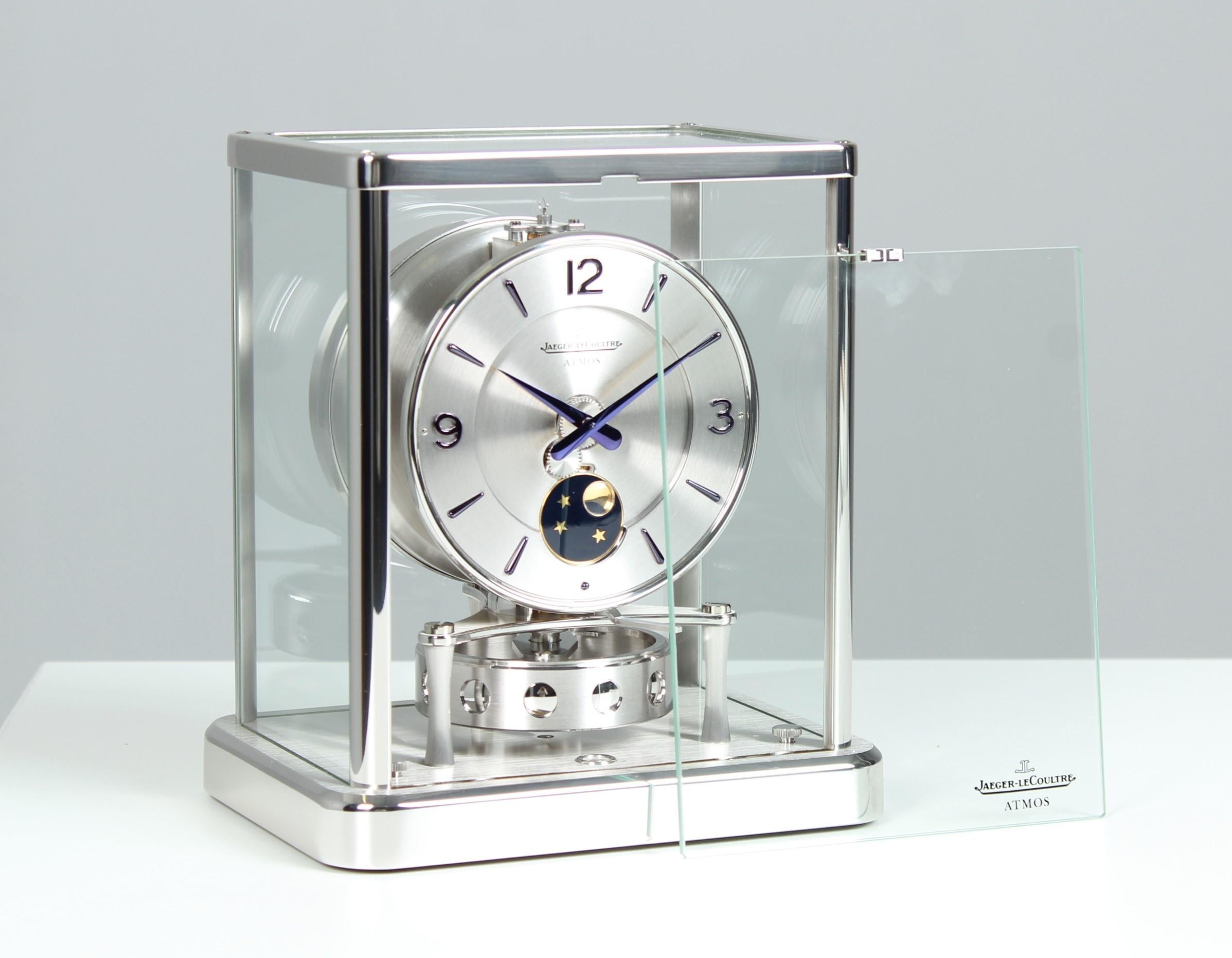 Modern Jaeger LeCoultre, Atmos Clock with Moon Phase, Rhodium-plated with Wall Console For Sale