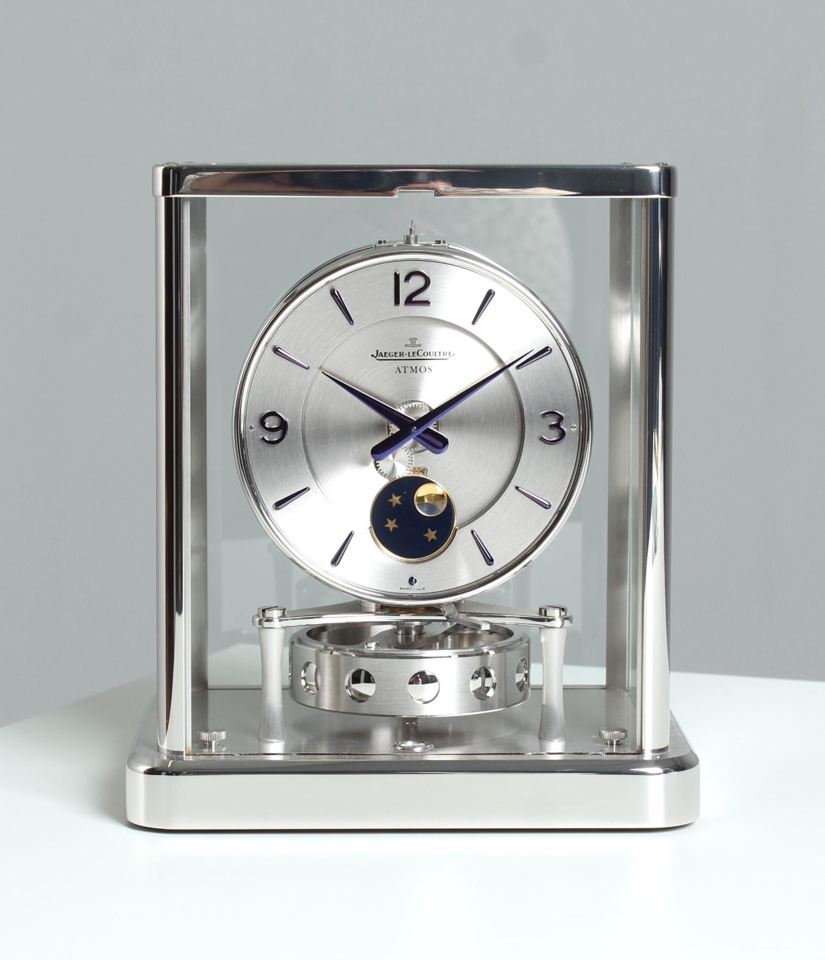Swiss Jaeger LeCoultre, Atmos Clock with Moon Phase, Rhodium-plated with Wall Console