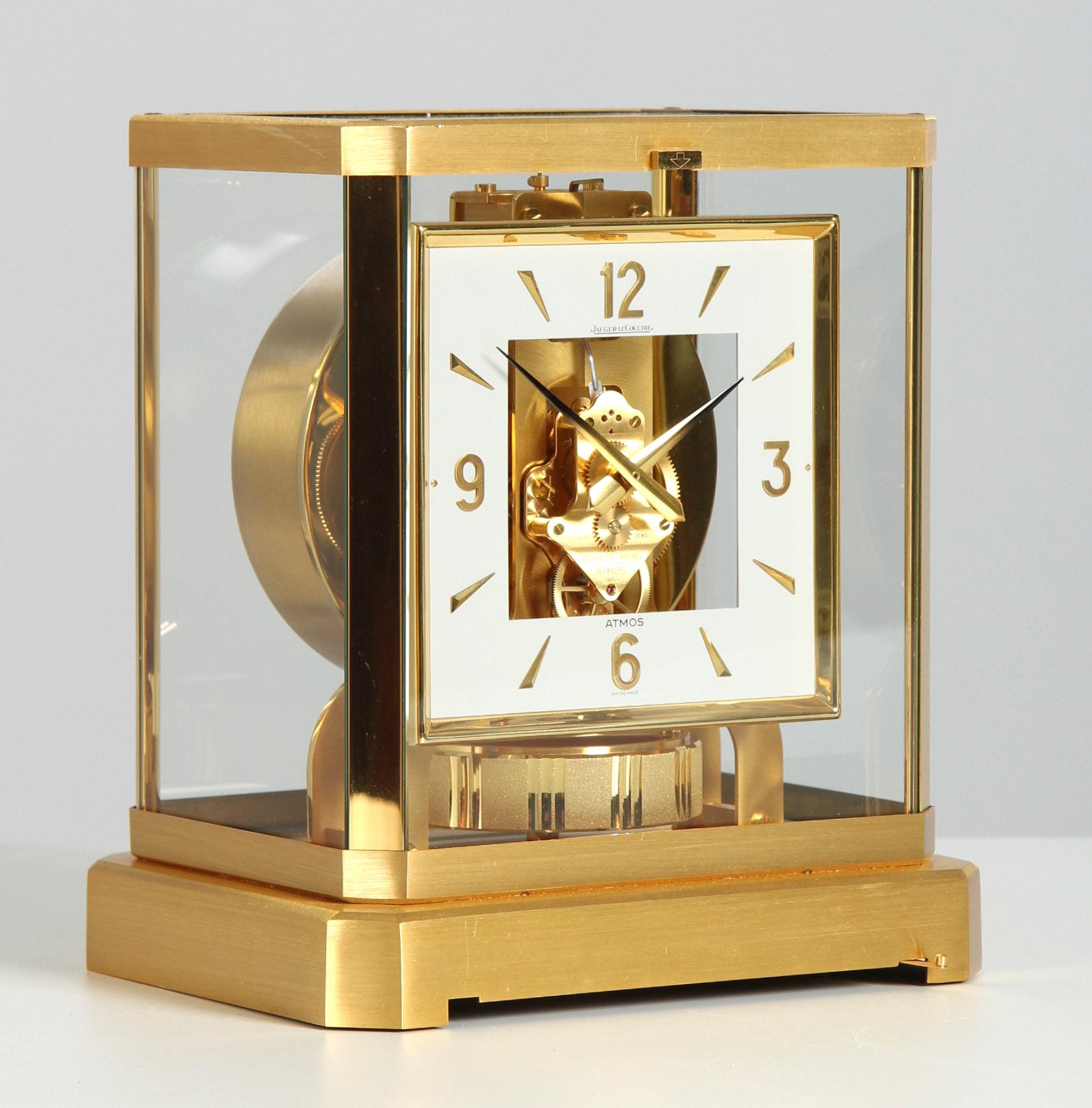 Jaeger LeCoultre - Atmos Clock with Square Dial

Switzerland
Gold-plated brass
Year of manufacture 1980

Dimensions: H x W x D: 23 x 21 x 16 cm

Description:
Atmos VIII in matt brushed gold-plated case with polished stands. Rotating pendulum with