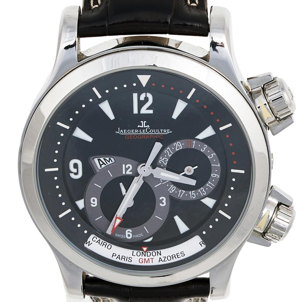 Contemporary Jaeger LeCoultre Black Stainless Steel Leather Geographic Master Compressor 146.