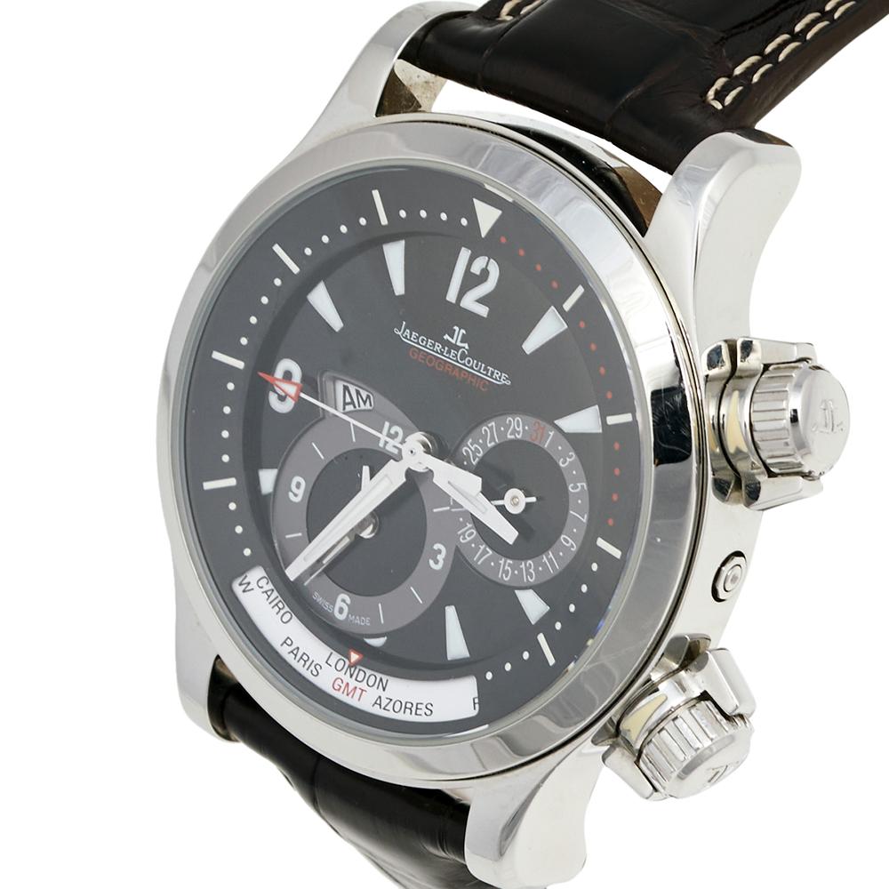 Jaeger LeCoultre Black Stainless Steel Leather Geographic Master Compressor 146. In Good Condition In Dubai, Al Qouz 2