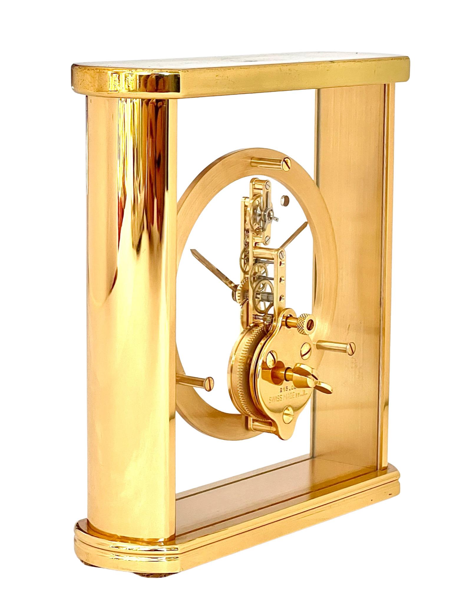 Mid-Century Modern Jaeger LeCoultre Brass and Glass Skeleton Mantel Clock
