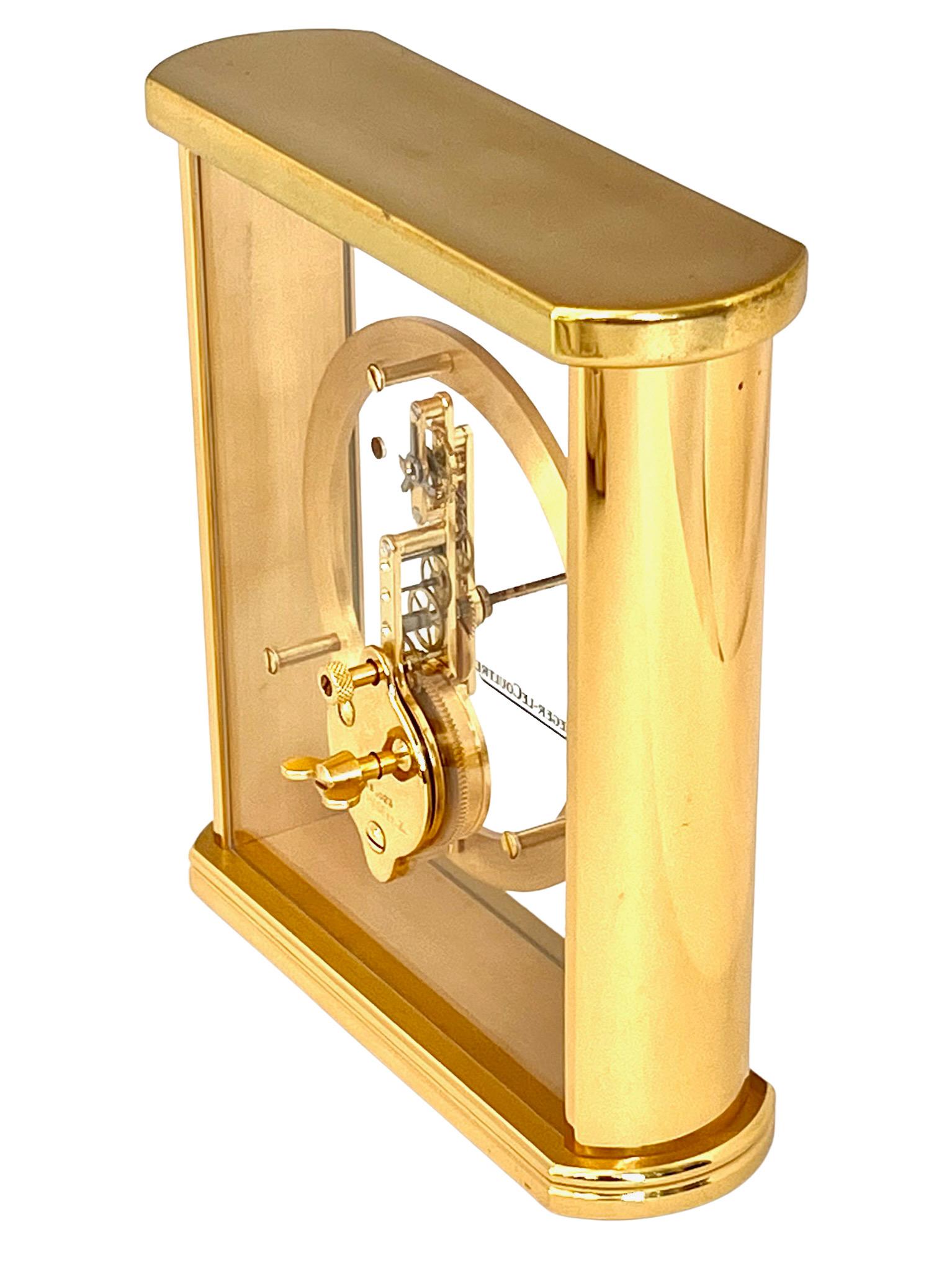 Polished Jaeger LeCoultre Brass and Glass Skeleton Mantel Clock