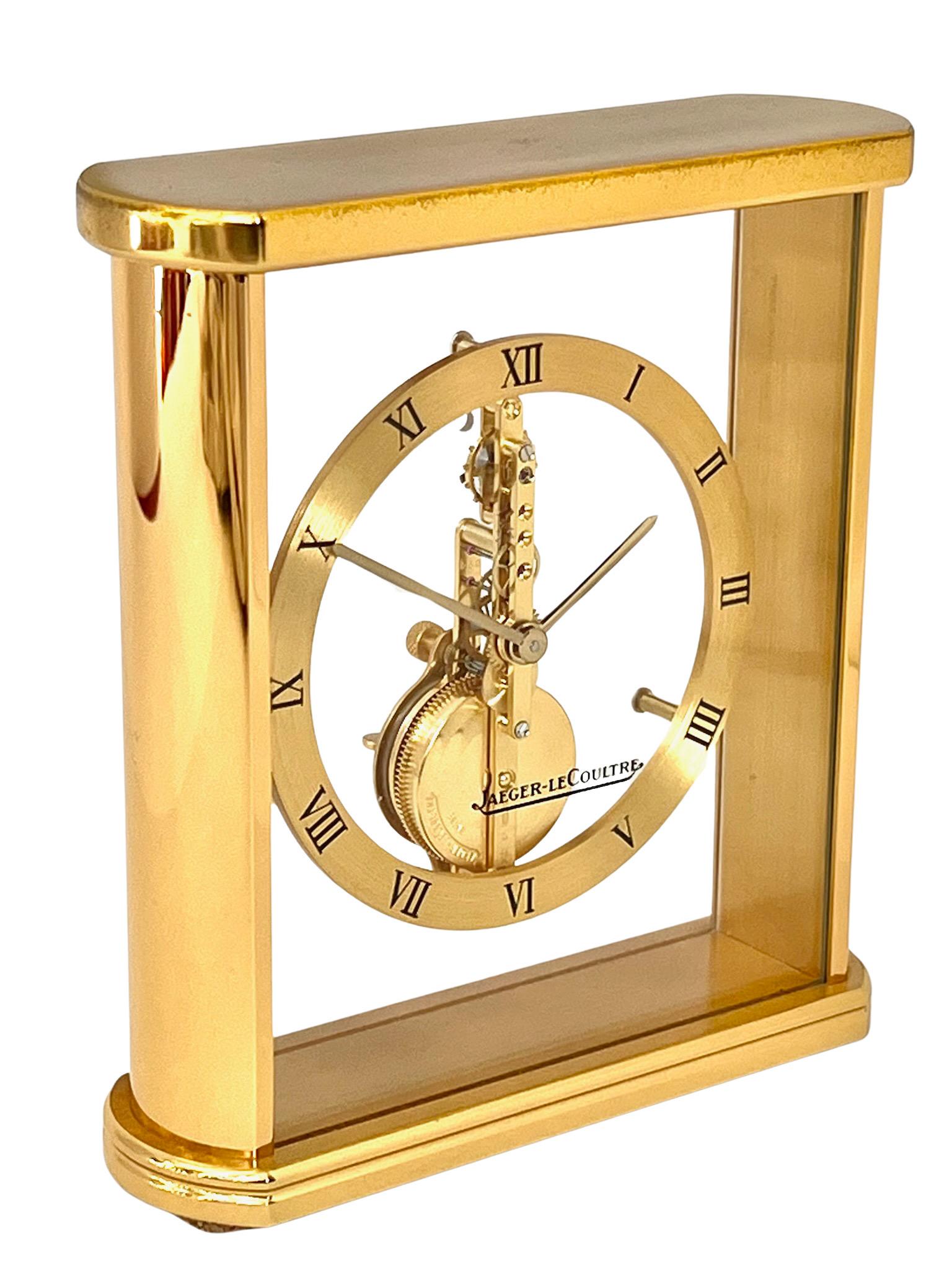 Jaeger LeCoultre Brass and Glass Skeleton Mantel Clock In Good Condition In London, GB