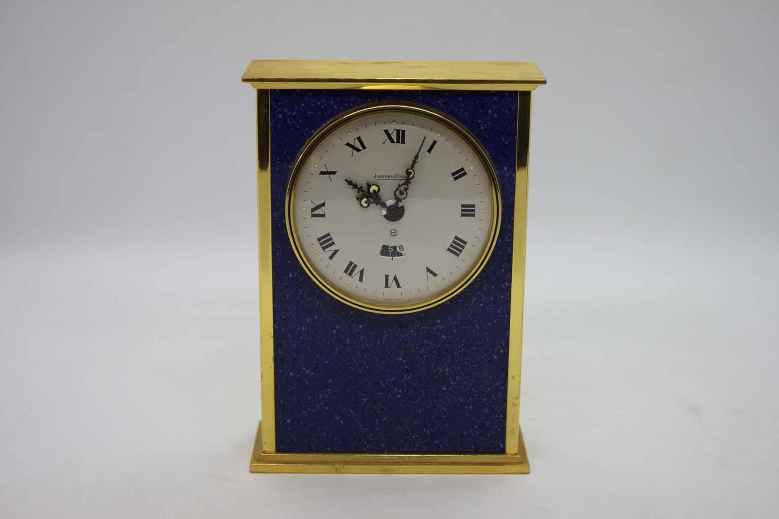 Jaeger LeCoultre desk clock, circa 1960. Enamelled gold metal lapis lazulli like. 8 days mechanical movement, alarm and music box.
The clock is in great condition. Roman numbers on the dial.
Dimensions: height 12.5cm, depth 2.5cm, width 8.5cm.