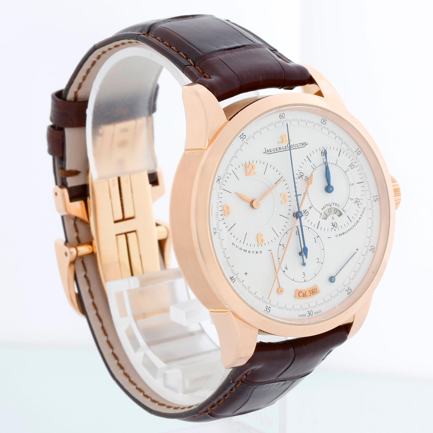 Jaeger LeCoultre Duometre Men's Rose Gold Watch Q6012420. 600.2.28.S - JLC 380 Hand Wind movement, 48 Jewels, and power reserve of approximately 50 hours. 18k Rose Gold case (42mm) with exposition back. Cream dial with rose gold hands and Arabic