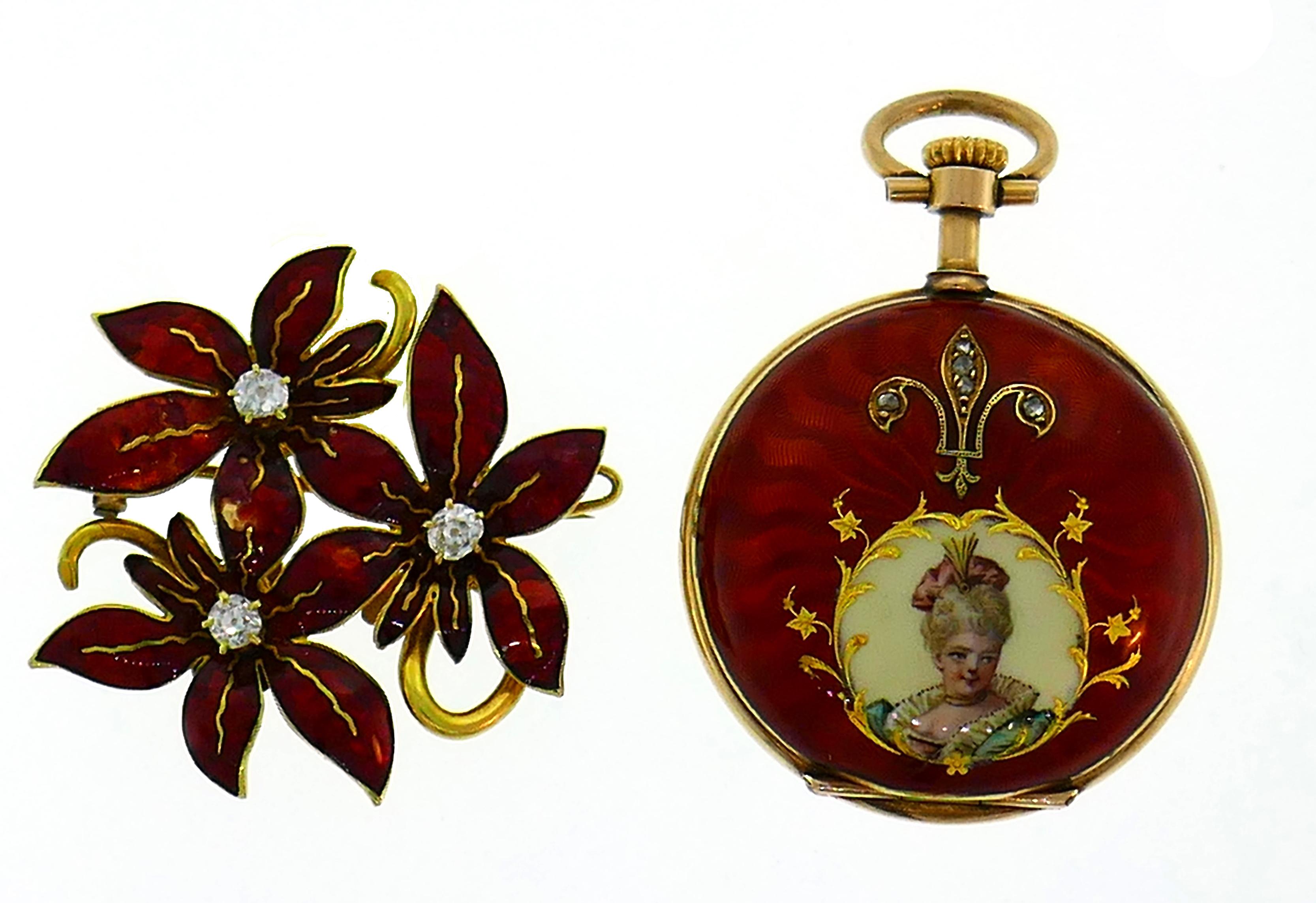 Jaeger-LeCoultre Enamel Gold Pocket Lapel Watch, 1890s In Good Condition In Beverly Hills, CA