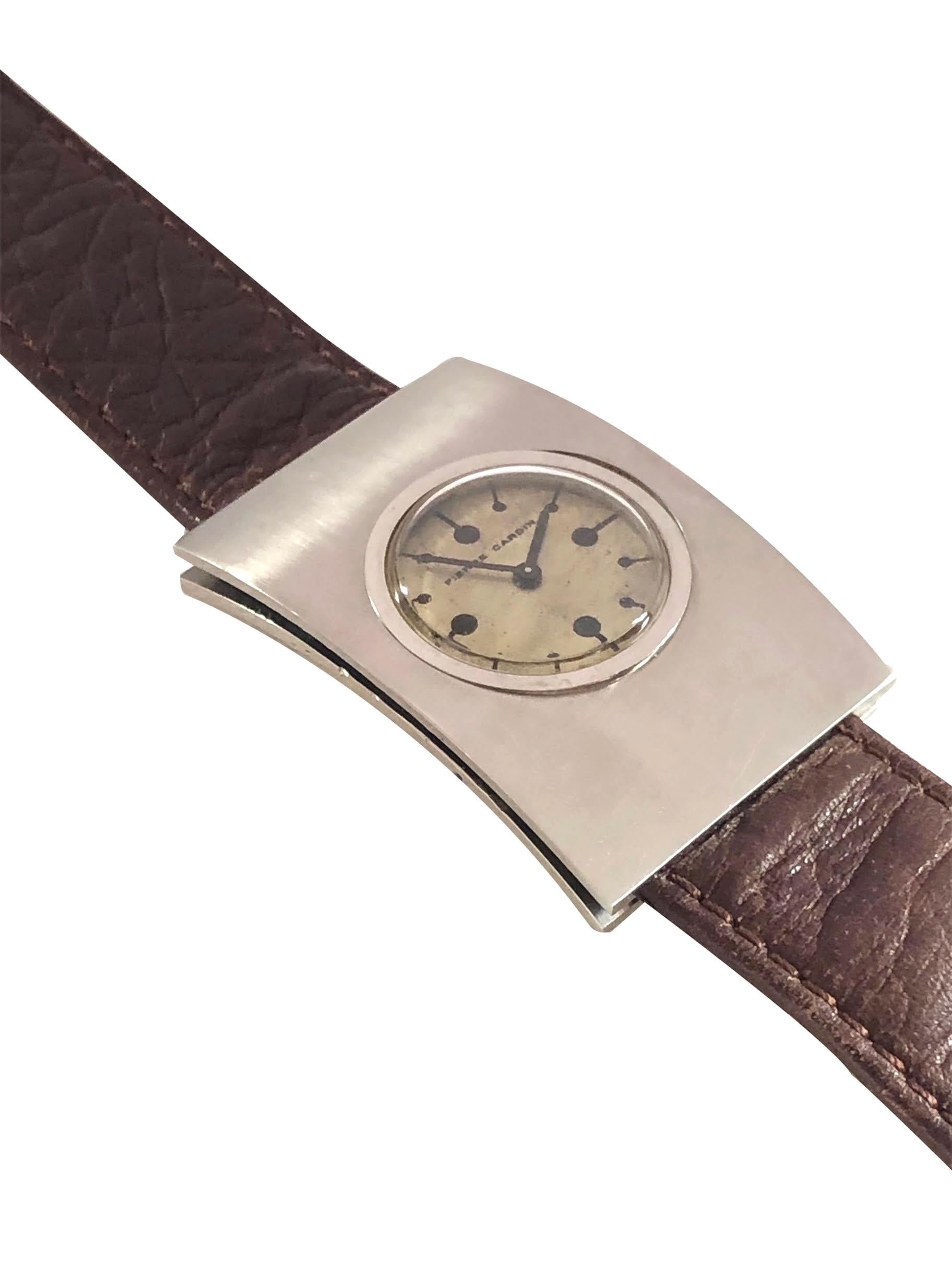 Modernist Jaeger LeCoultre for Pierre Cardin 1970s Large Steel Mechanical Wristwatch For Sale