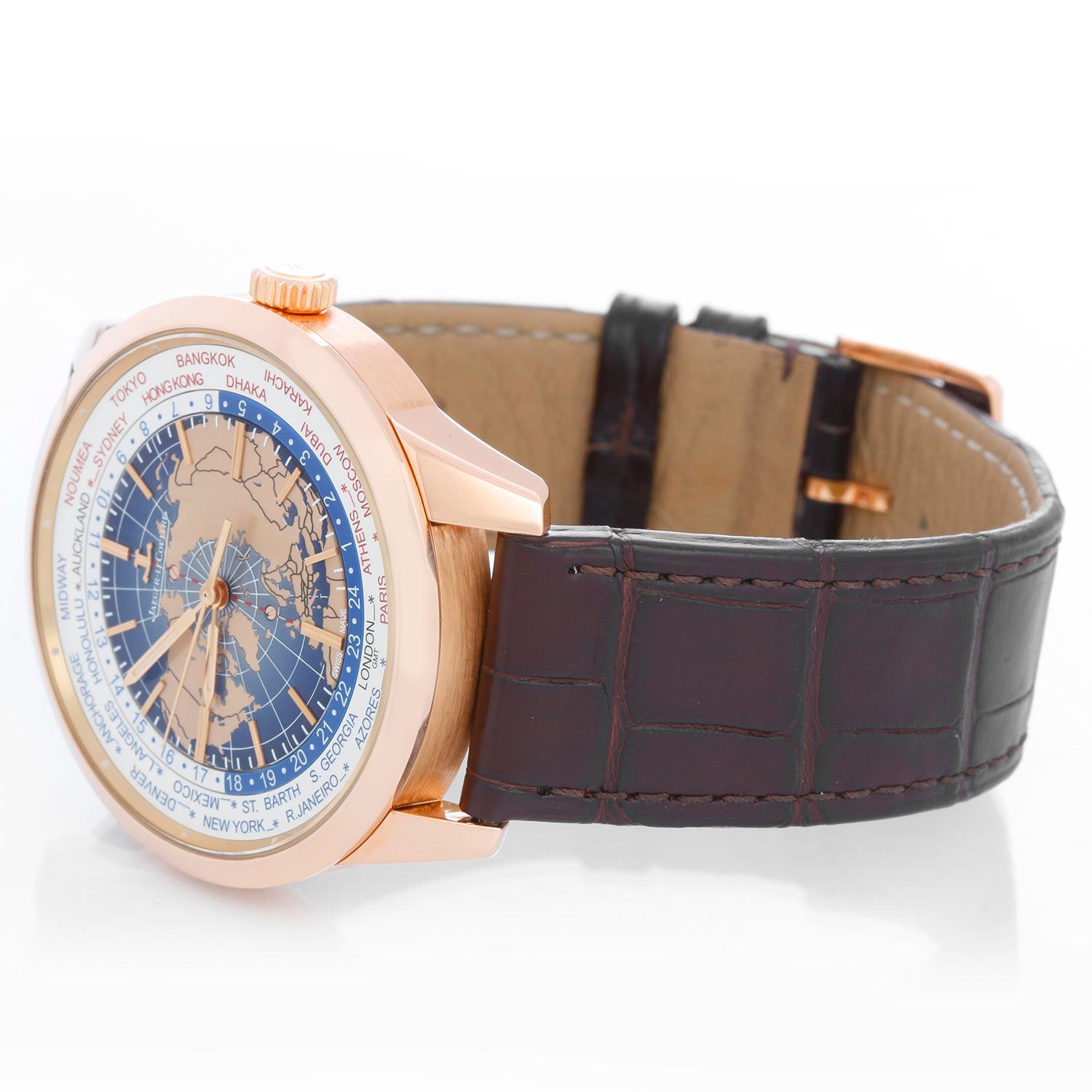 Jaeger LeCoultre Geophysic Universal Time Rose Gold Men's Watch Ref Q8102520 - Automatic winding. 18K Rose gold with exposition back ( 42 mm ). Multi-color world time dial with rose gold hour markers. Dark brown alligator strap with 18K Rose gold