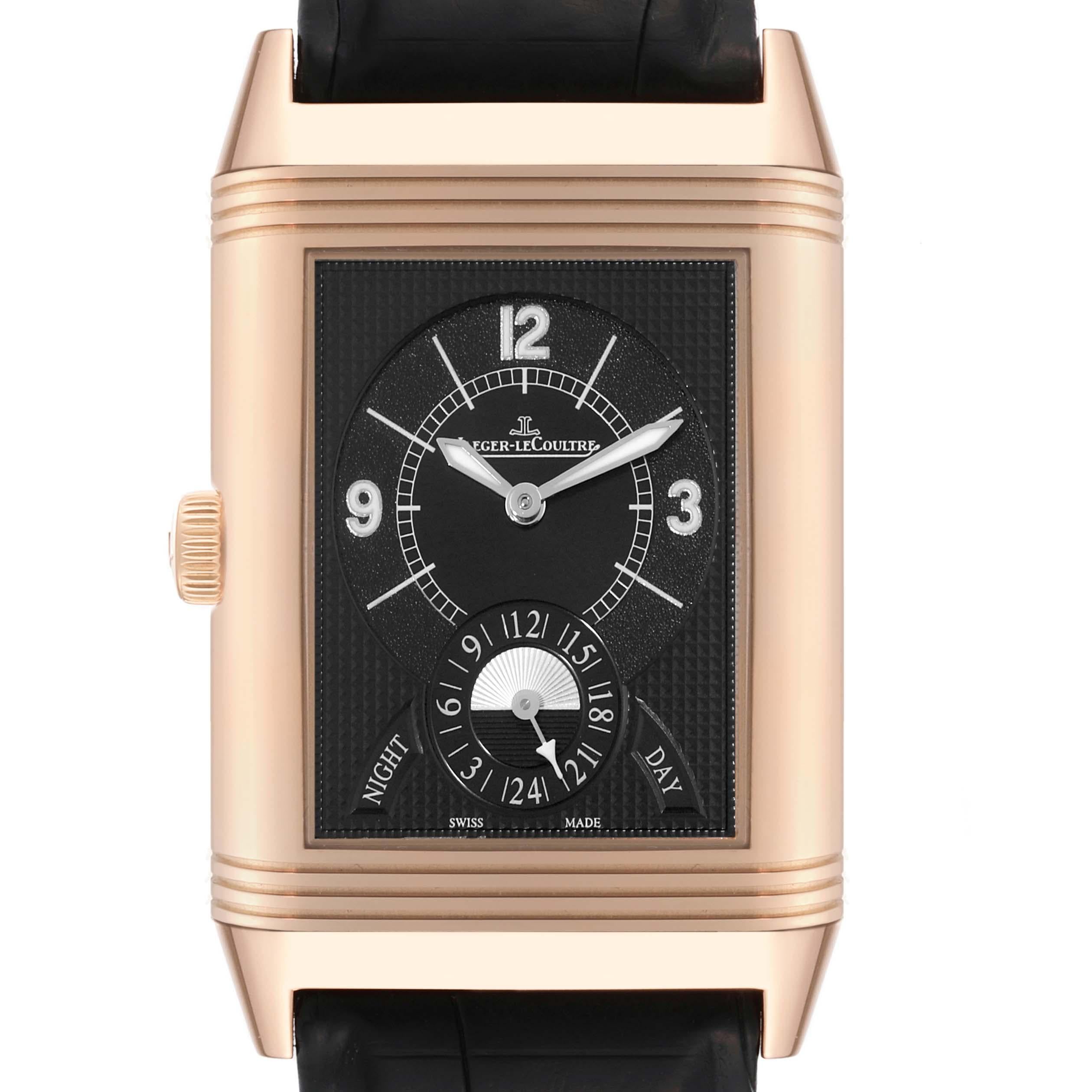 Jaeger LeCoultre Grande Reverse Rose Gold Mens Watch 273.2.85 Q3742421. Manual winding movement. 18K rose gold 48.5 mm x 30 mm rectangular case with reeded ends rotating within its back plate. 18K rose gold bezel. Scratch resistant sapphire crystal.