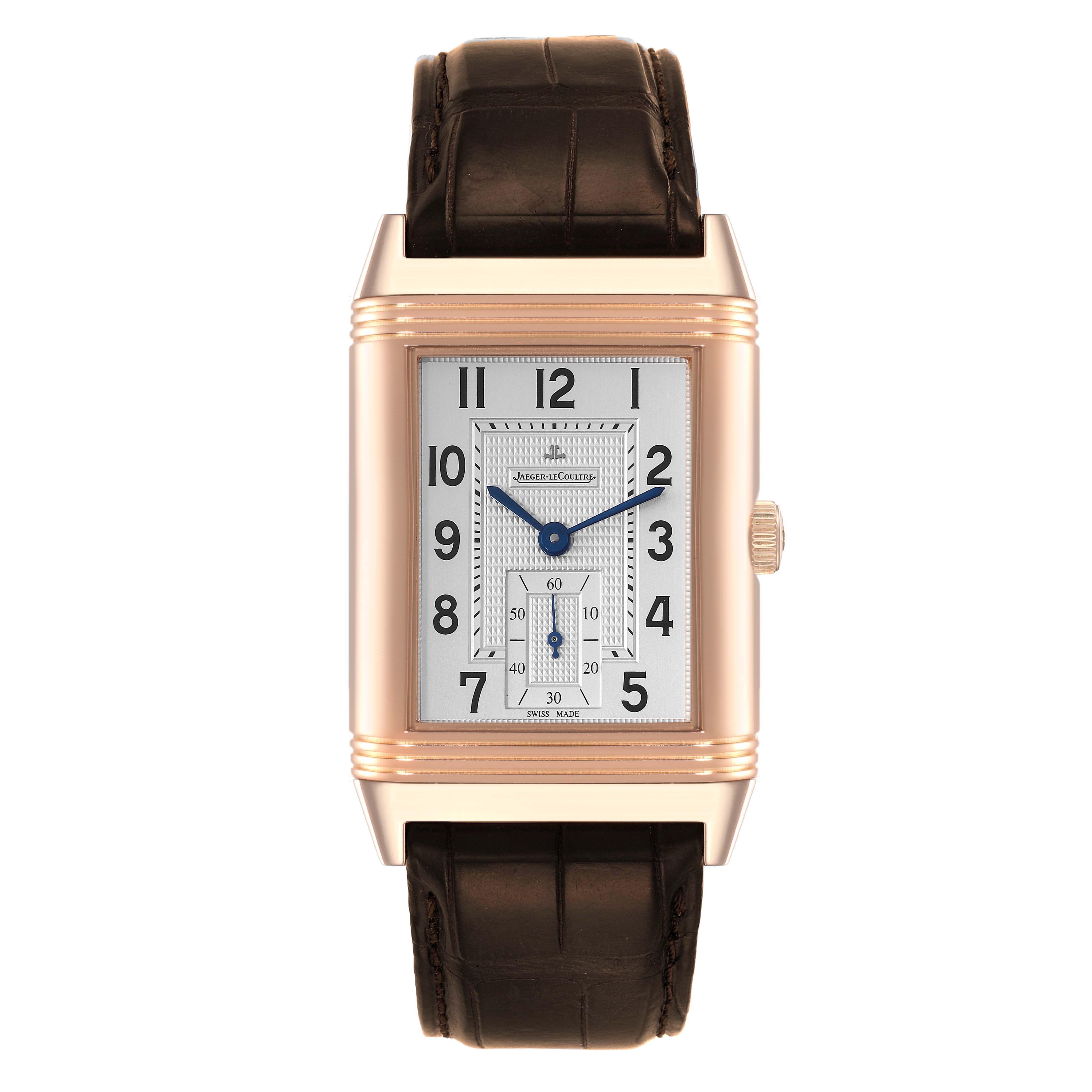 Jaeger LeCoultre Grande Reverso 976 Rose Gold Watch 273.2.04 Q3732420. Manual winding movement. 18K rose gold rectangular rotating case 48.5 x 30.0 mm. Case flips over to reveal a transparent exhibition sapphire crystal case back displaying the