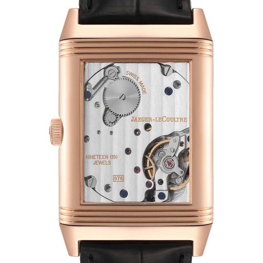 Jaeger LeCoultre Grande Reverso 976 Rose Gold Watch 273.2.04 Q3732470. Manual winding movement. 18K rose gold rectangular rotating case 48.5 x 30.0 mm. Case flips over to reveal a transparent exhibition sapphire crystal case back displaying the
