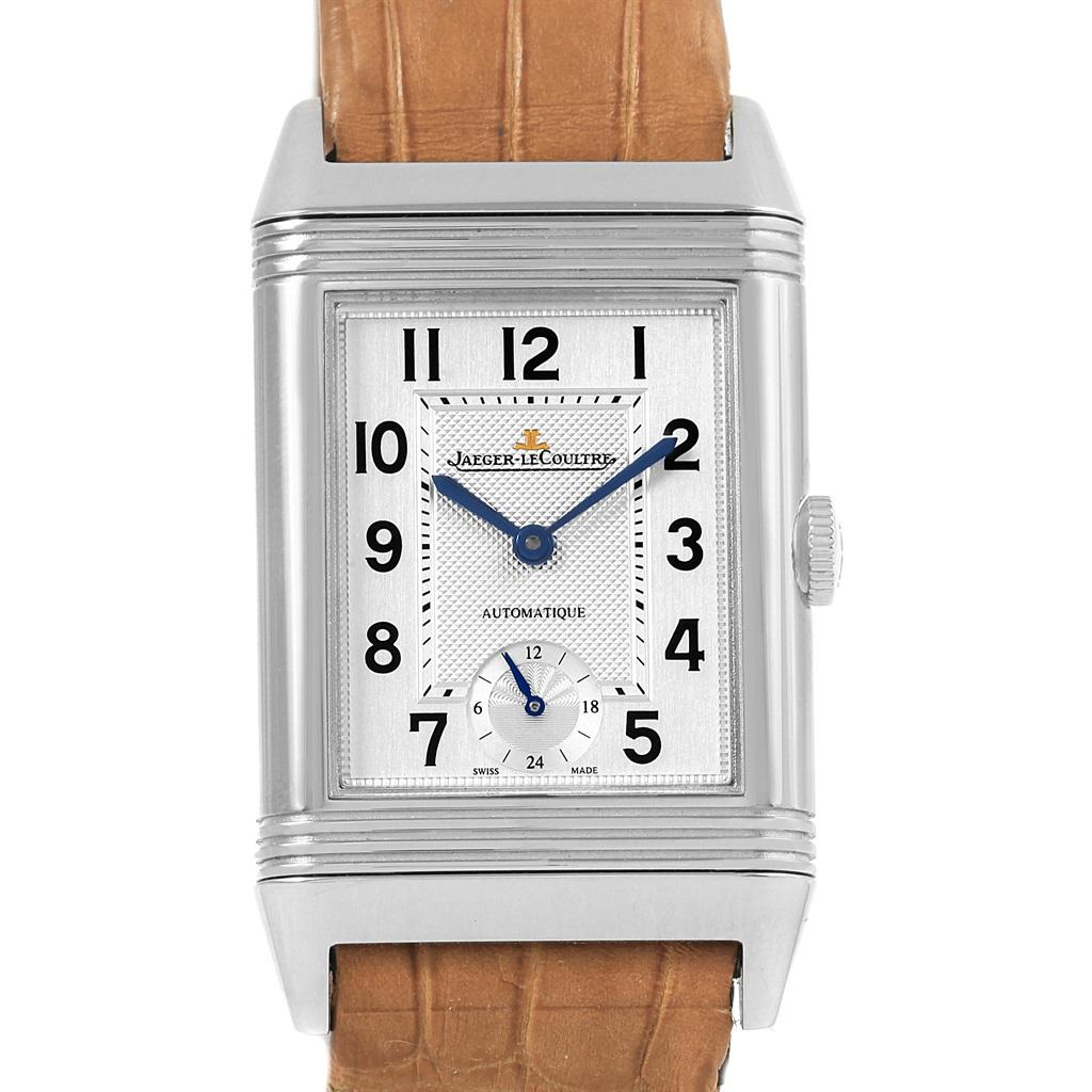 Jaeger LeCoultre Grande Reverso Automatic Mens Watch 278.8.56 Q3808420. Automatic self-winding movement. Stainless steel five-body 27.4 mm x 46.8 mm rectangular rotating case. Case thickness: 9.1 mm. Solid case back. Stainless steel reeded bezel.