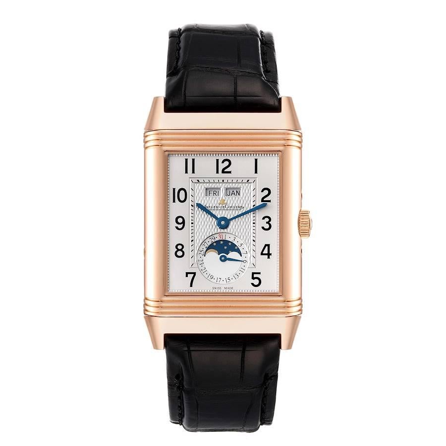 Jaeger LeCoultre Grande Reverso Calendar Moonphase Rose Gold Mens Watch Q3752520. Manual winding movement. 18K rose gold 48.5 x 30.0 mm case rectangular rotating case. Exhibition case back. 18K rose gold ribbed bezel. Scratch resistant sapphire