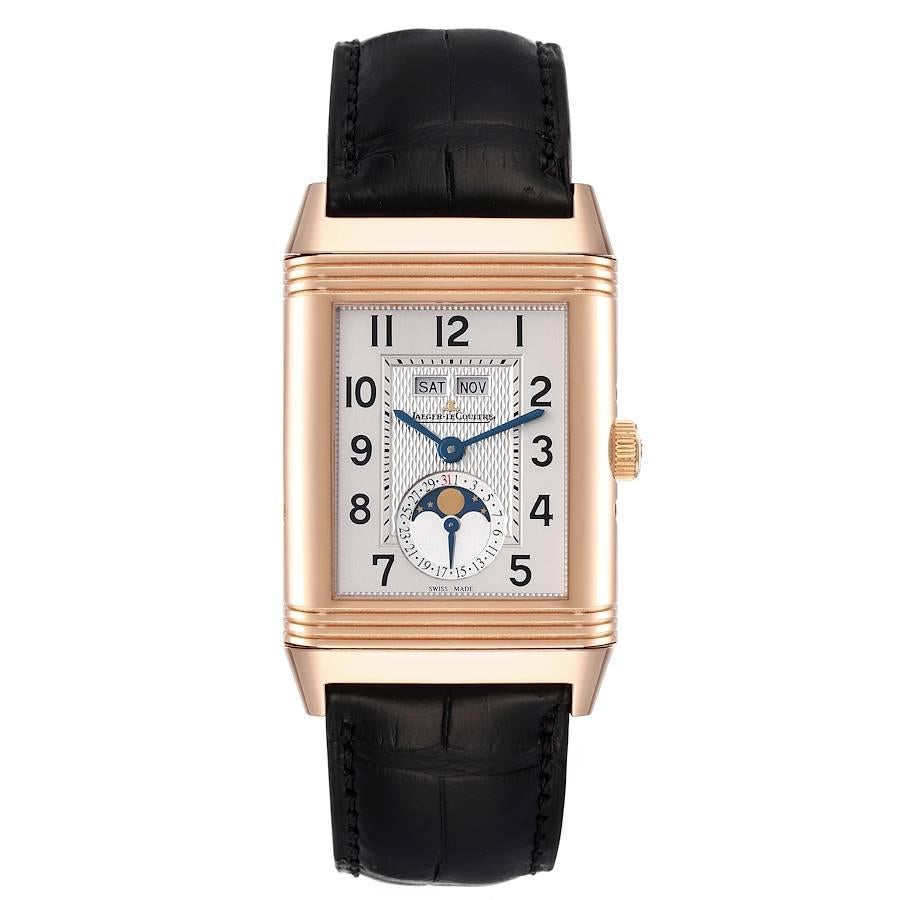 Jaeger LeCoultre Grande Reverso Calendar Moonphase Rose Gold Watch Q3752520 Box Papers. Manual winding movement. 18K rose gold 48.5 x 30.0 mm case rectangular rotating case. Exhibition case back. 18K rose gold ribbed bezel. Scratch resistant