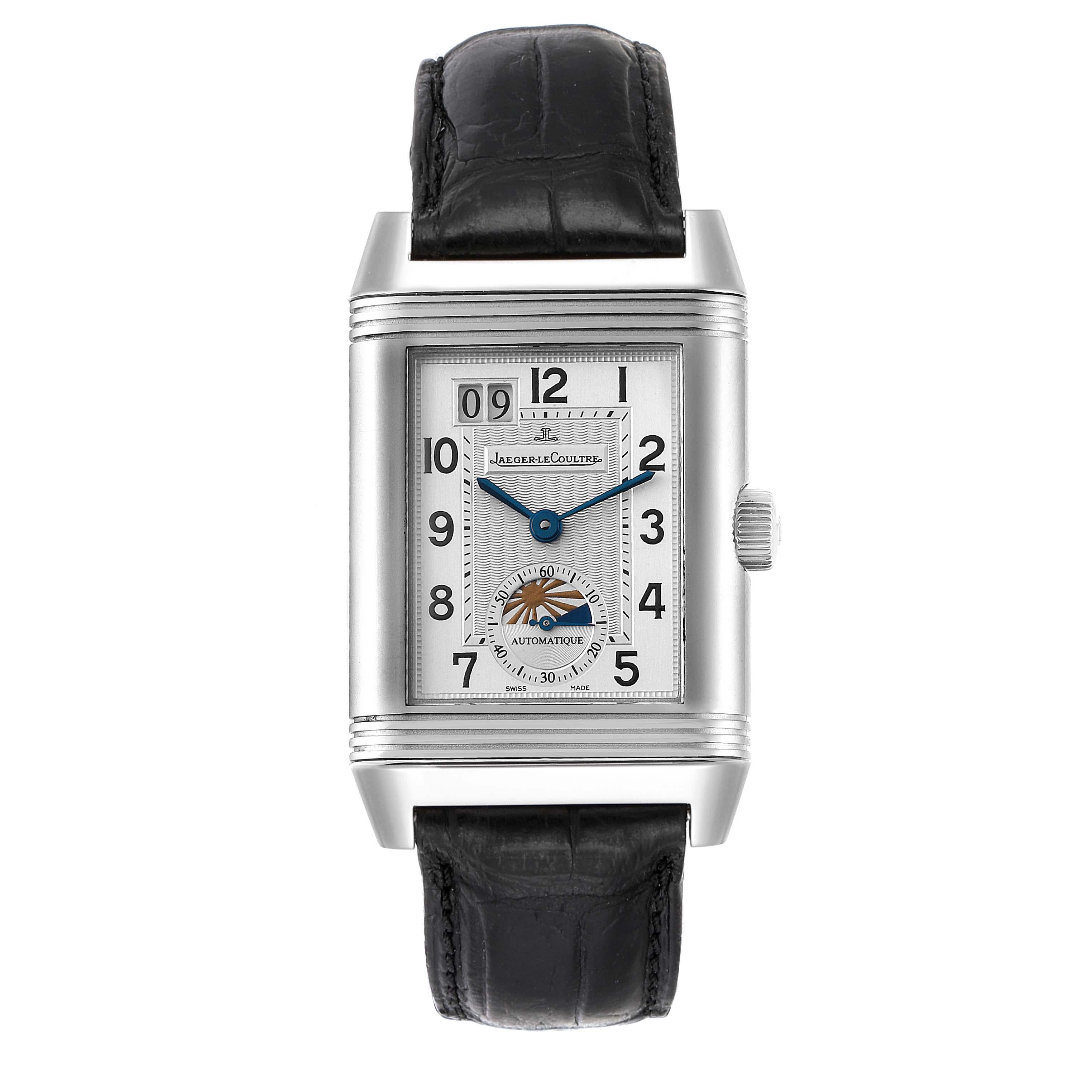 Jaeger LeCoultre Grande Reverso Date Watch 240.8.72 Q3038420 Box Papers. Rhodium-plated, fausses cotes decoration, straight line lever escapement, monometallic balance, shock absorber, self-compensating free-sprung flat balance spring, rotor with