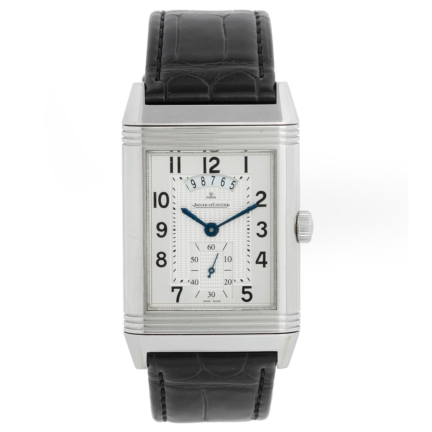 Jaeger LeCoultre Grande Reverso  Duo Q3748421 Stainless Steel watch - Manual winding. Stainless steel case with transparent caseback ( 29mm x 49mm ). Silver dial with Arabic numerals. Black JLC strap with JLC Stainless steel deployant clasp.
