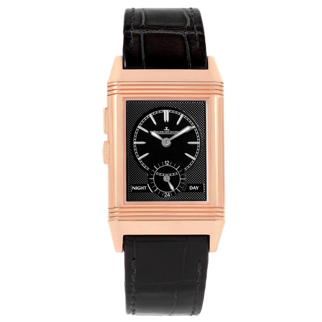 Jaeger LeCoultre Grande Reverso Duoface Rose Gold Watch 278.2.54 Q3782520. Manual winding movement. 18K rose gold 46.8 x 27.4 mm rectangular rotating case. Scratch resistant sapphire crystal. 1. Silvered dial with rose gold hands and index hour