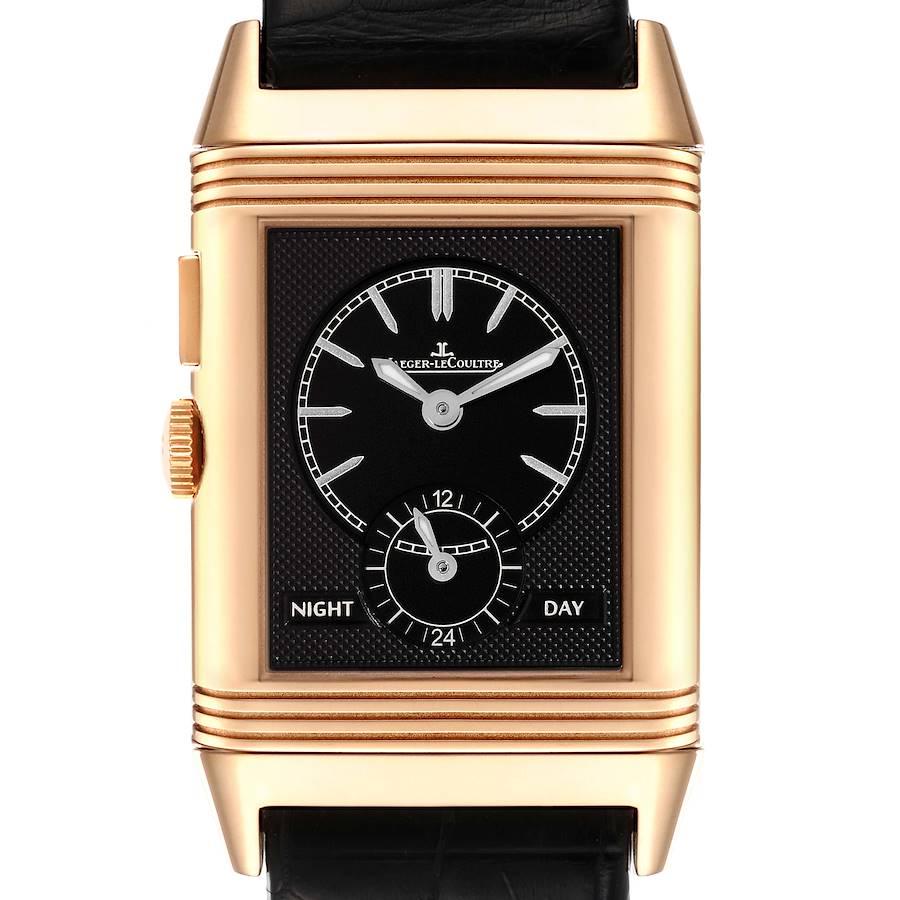 Jaeger LeCoultre Grande Reverso Duoface Rose Gold Uhr 278.2.54 Q3782520. Uhrwerk mit Handaufzug. rechteckiges Drehgehäuse aus 18 Karat Roségold, 46,8 x 27,4 mm. gerippte Lünette aus 18 Karat Roségold. Kratzfestes Saphirglas. 1. Versilbertes