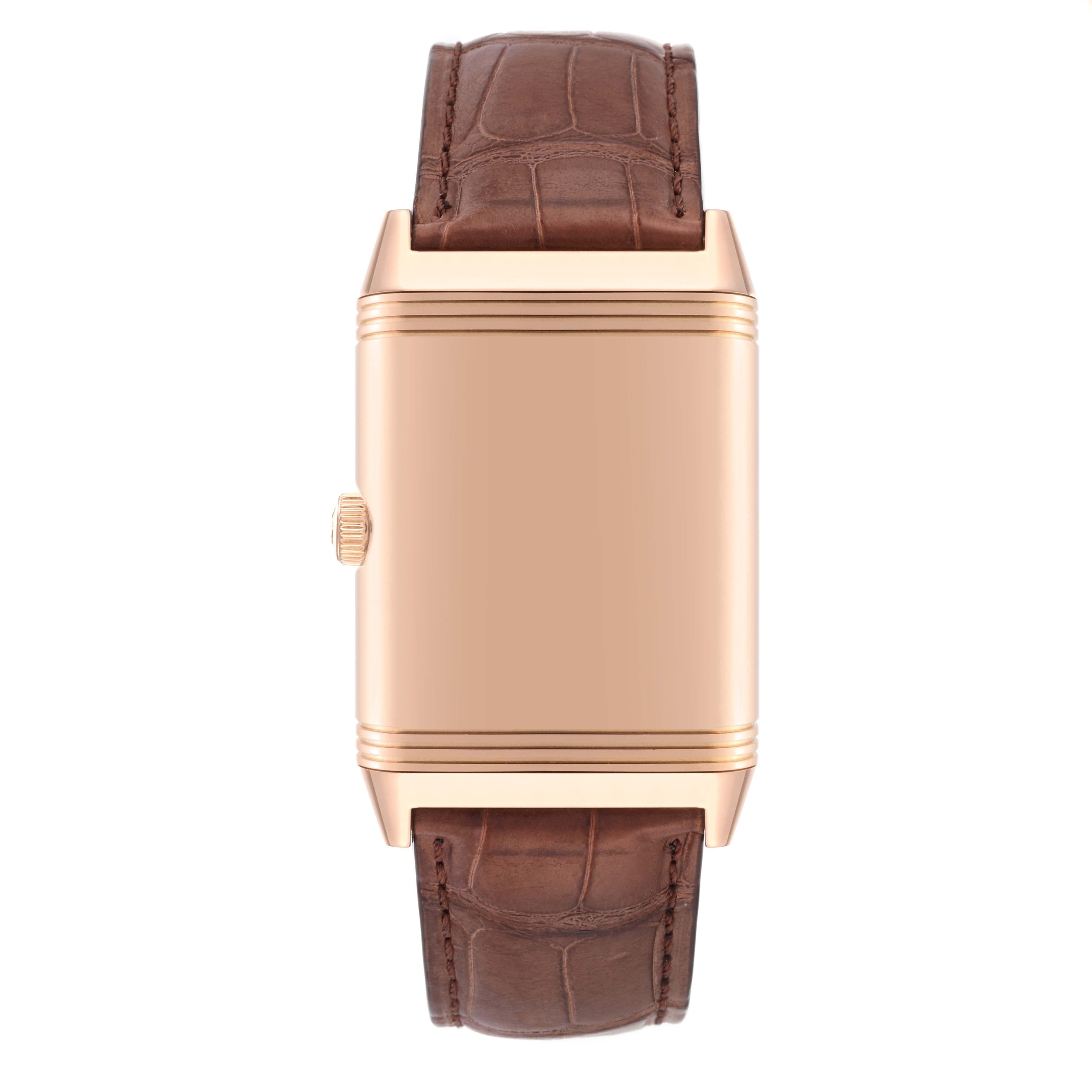 Jaeger LeCoultre Grande Reverso Email Rose Gold Mens Watch 273.2.62 Q3732523. Manual winding movement. Power reserve of approximately 45 hours. 18k rose gold rectangular rotating case 48.5 x 30 mm. Case flips over to reveal a blank solid caseback.