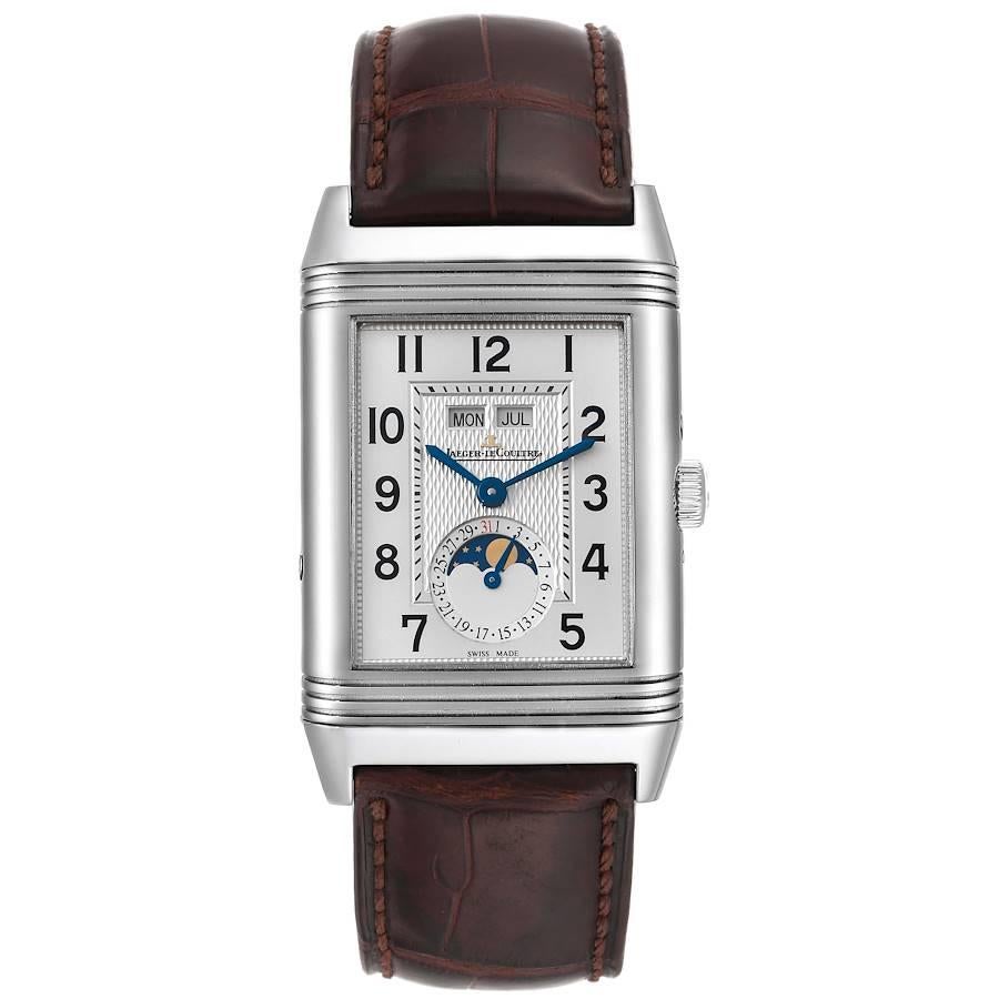 Jaeger LeCoultre Grande Reverso Moonphase Steel Mens Watch 273.8.84 Q3758420. Manual winding movement. Stainless steel  48.5 x 30.0 mm in diameter  rectangular rotating case. Transparent exhibition sapphire crystal case back. Stainless steel ribbed