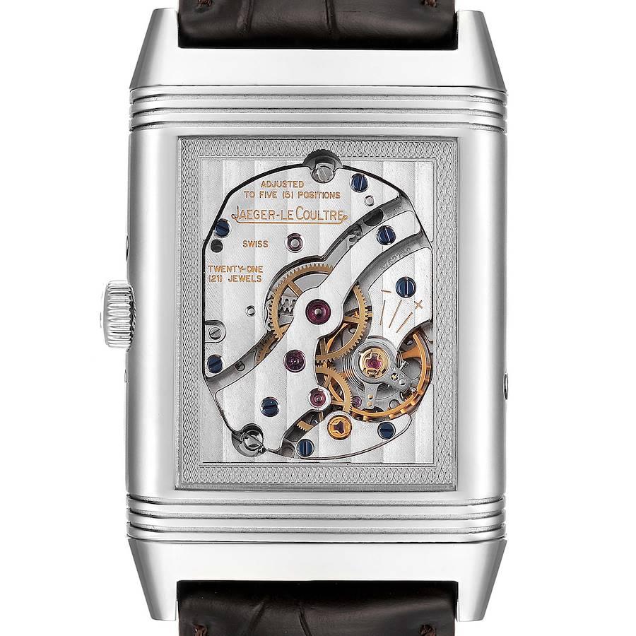 Jaeger LeCoultre Grande Reverso Moonphase Steel Mens Watch Q3758420. Manual winding movement. Stainless steel  48.5 x 30.0 mm in diameter  rectangular rotating case. Transparent exhibition sapphire crystal case back. Stainless steel ribbed bezel.