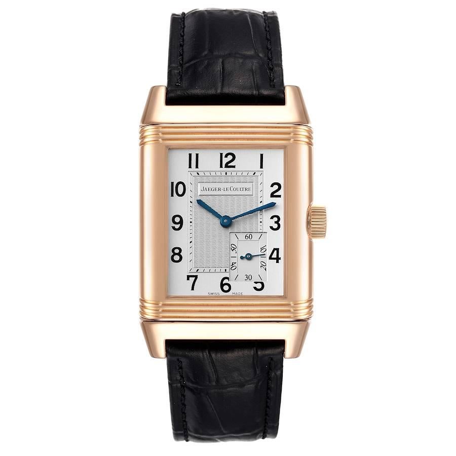 Jaeger LeCoultre Grande Reverso Rose Gold Mens Watch Q3012420. Manual winding movement. 18K rose gold rectangular rotating case 47 x 29 mm. Case flips over to reveal a power reserve window on the case back. 18K rose gold ribbed bezel. Scratch