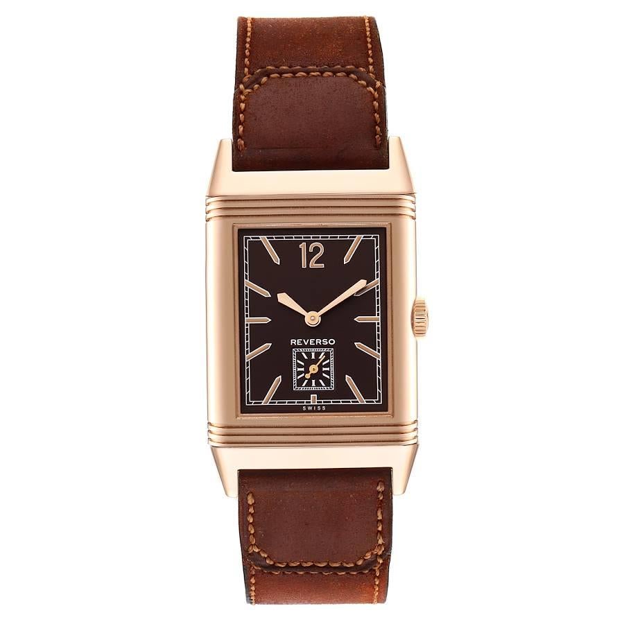 Jaeger-LeCoultre Grande Reverso Rose Gold Watch 277.2.22 Q2782560 Box Papiere. Ultraflaches Uhrwerk mit Handaufzug. Rechteckiges Drehgehäuse aus 18 Karat Roségold, 46,8 x 27,4 mm. Gerippte Lünette aus 18 Karat Roségold. Kratzfestes Saphirglas.