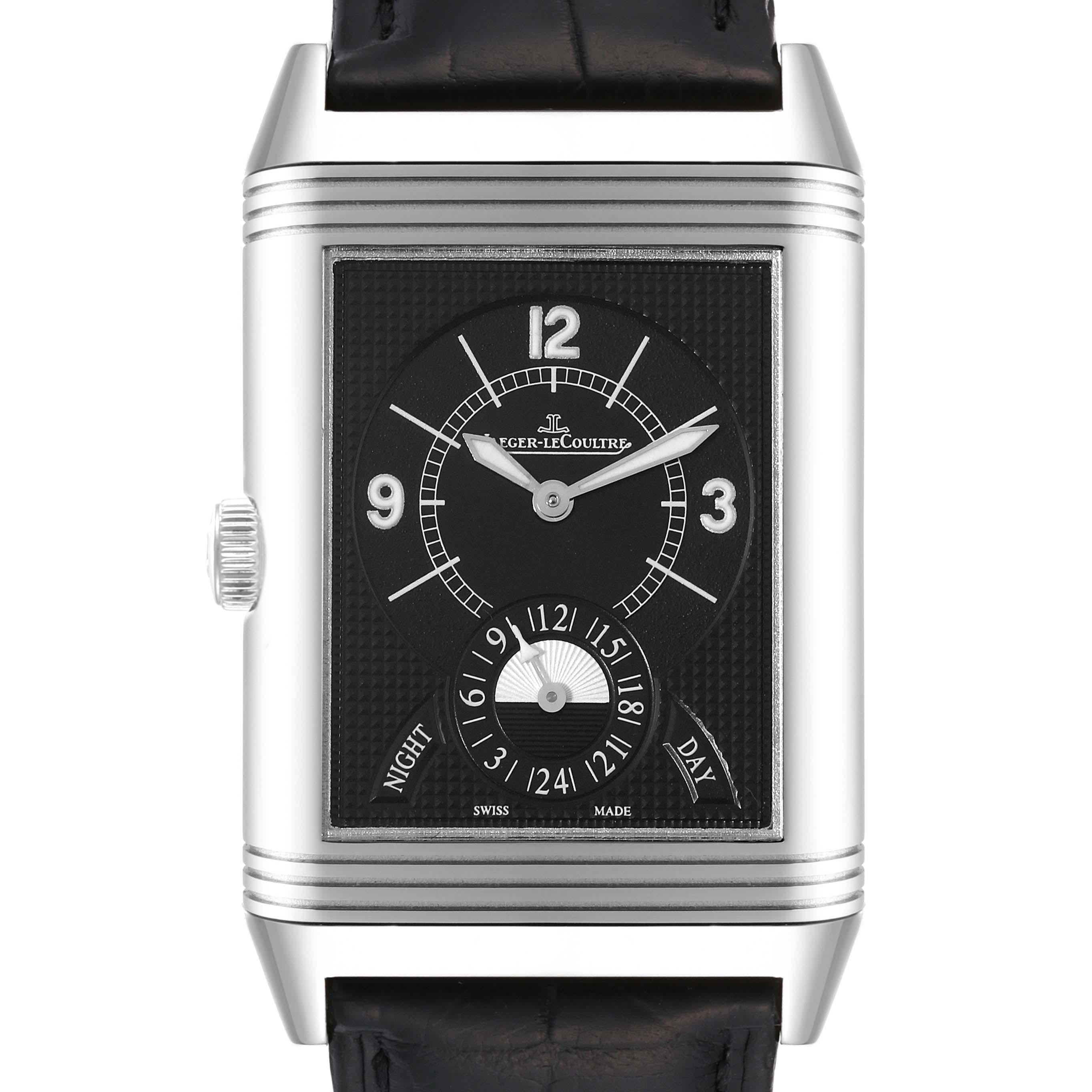 Jaeger LeCoultre Grande Reverso Steel Mens Watch 273.8.85 Q3748421. Manual winding movement. Stainless steel 30.0 x 48.5 mm rectangular case with reeded ends rotating within its back plate. Stainless steel bezel. Scratch resistant sapphire crystal.