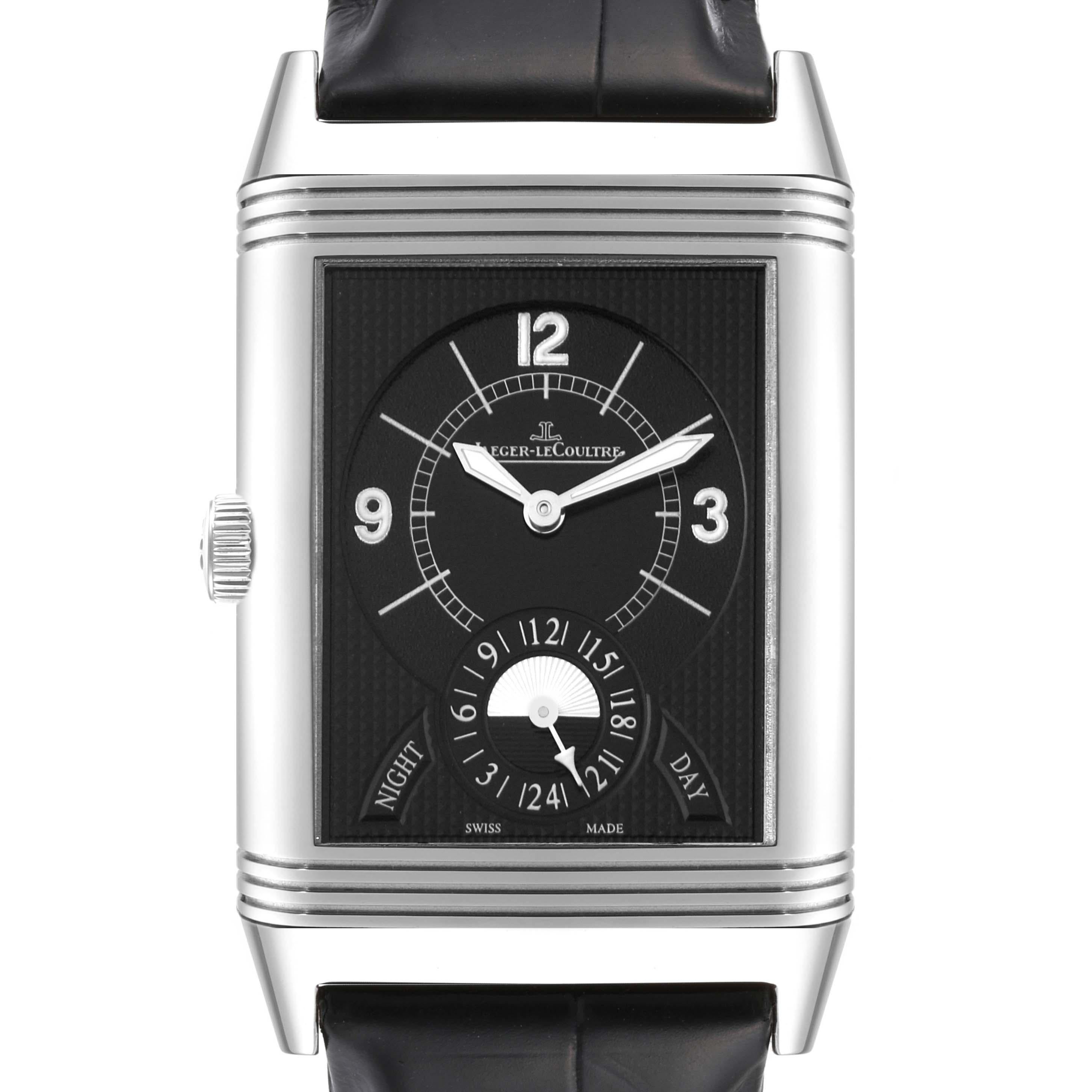 Jaeger LeCoultre Grande Reverso Steel Mens Watch 273.8.85 Q3748421. Manual winding movement. Stainless steel 30.0 x 48.5 mm rectangular case with reeded ends rotating within its back plate. Stainless steel bezel. Scratch resistant sapphire crystal.