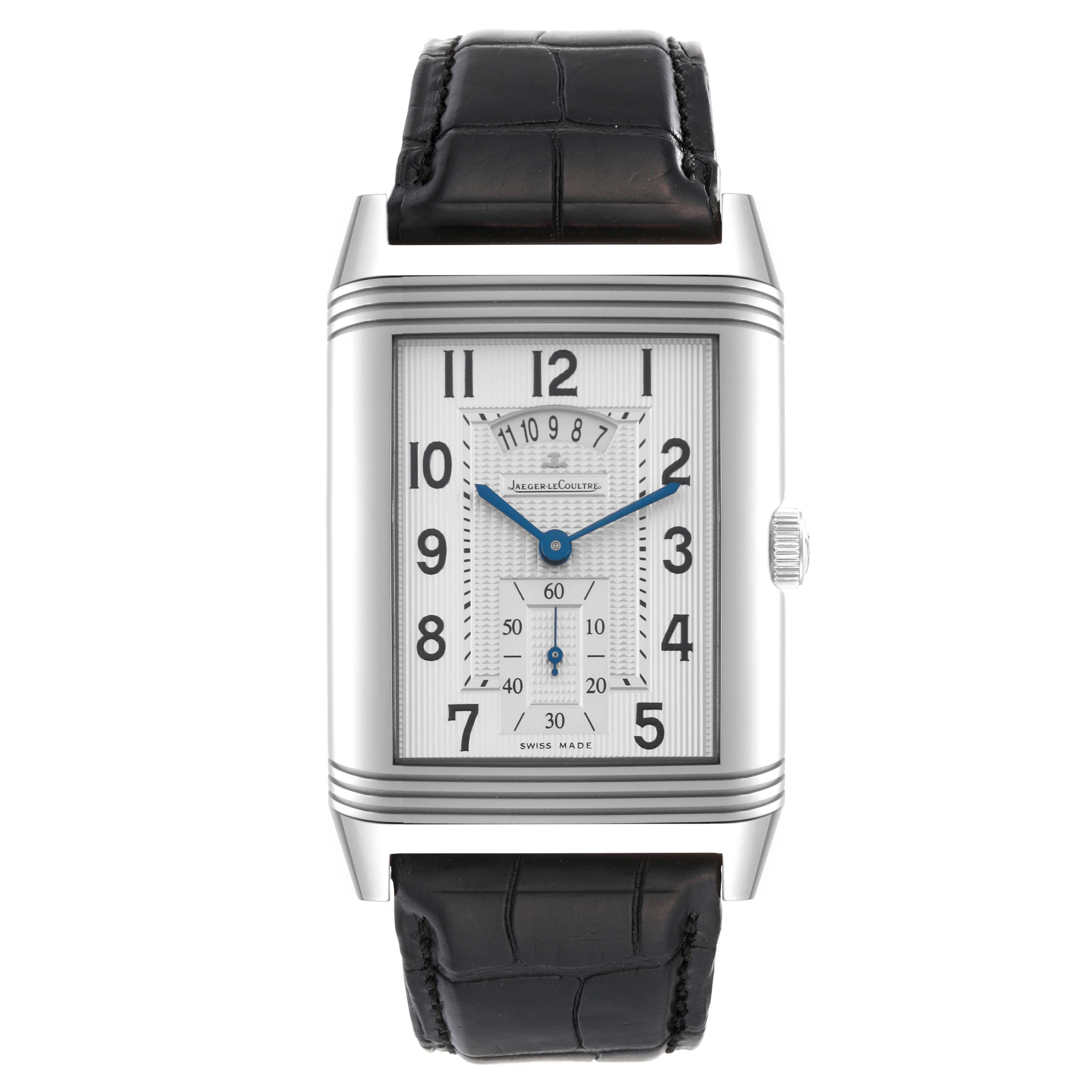 Jaeger LeCoultre Grande Reverso Steel Mens Watch 274.8.85 Q3748420 Box Papers. Manual winding movement. Stainless steel 32 x 52 mm rectangular case with reeded ends rotating within its back plate. Stainless steel bezel. Scratch resistant sapphire