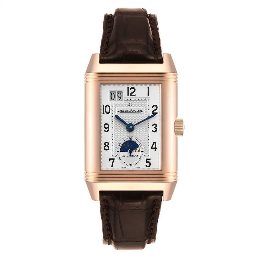 Jaeger LeCoultre Grande Reverso Sun Moon Rose Gold Mens Watch 240.272 Q3032420. Automatic self - winding movement. 18K rose gold 46.5 x 29.0 mm rectangular rotating case. 18K rose gold ribbed bezel. Scratch resistant sapphire crystal. Silver