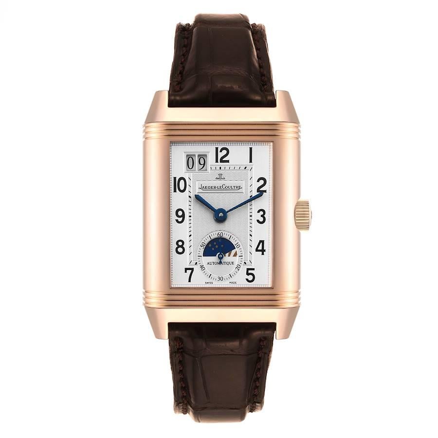 Jaeger-LeCoultre Grande Reverso Sonne Mond Rose Gold Herrenuhr 240.272 Q3032420. Automatisches Uhrwerk mit Selbstaufzug. Rechteckiges Drehgehäuse aus 18 Karat Roségold, 46,5 x 29,0 mm. Gerippte Lünette aus 18 Karat Roségold. Kratzfestes Saphirglas.