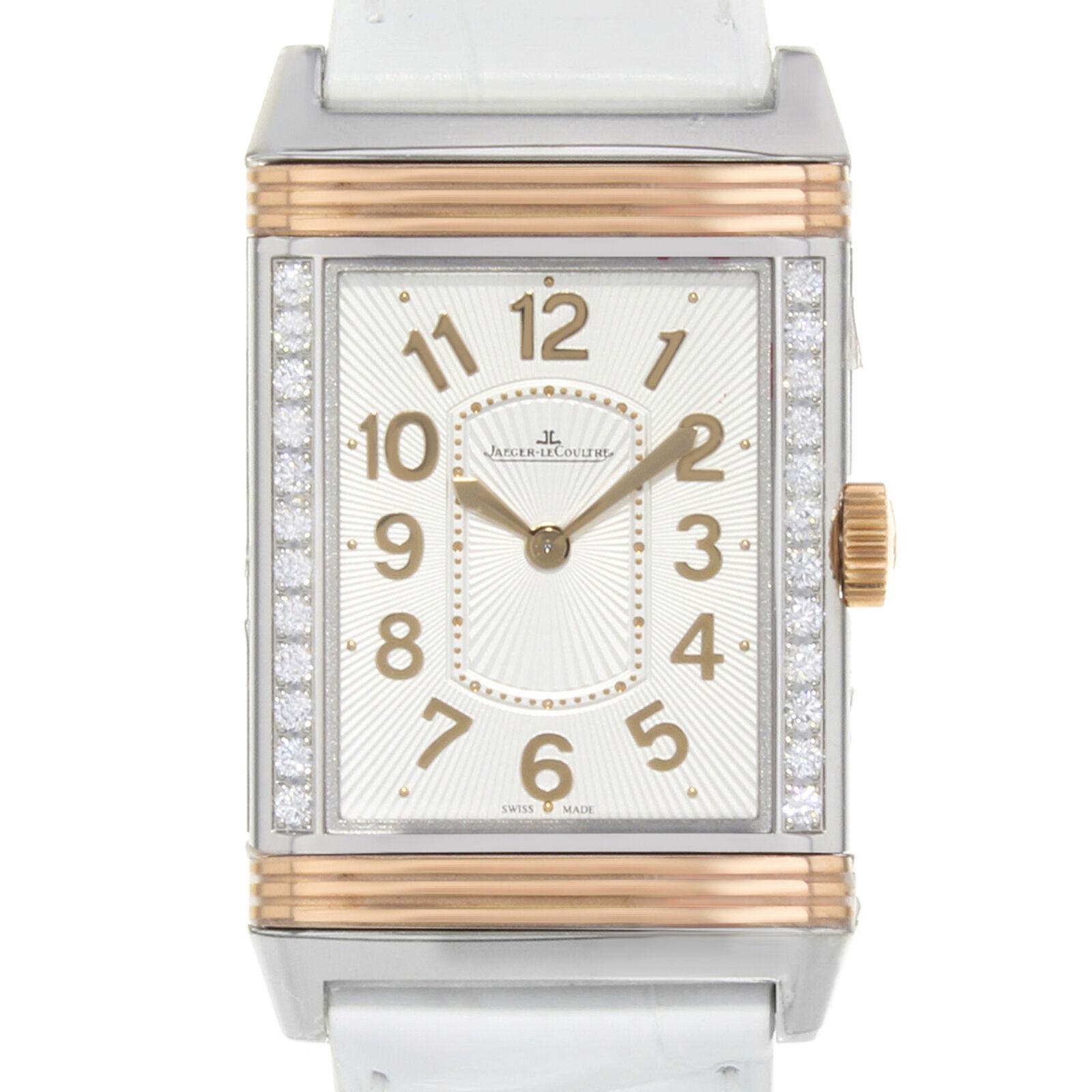 This never been worn Jaeger-LeCoultre Grande Reverso Q3224420 is a beautiful Ladies timepiece that is powered by a mechanical movement which is cased in a stainless steel case. It has a rectangle shape face, diamonds dial and has hand Arabic