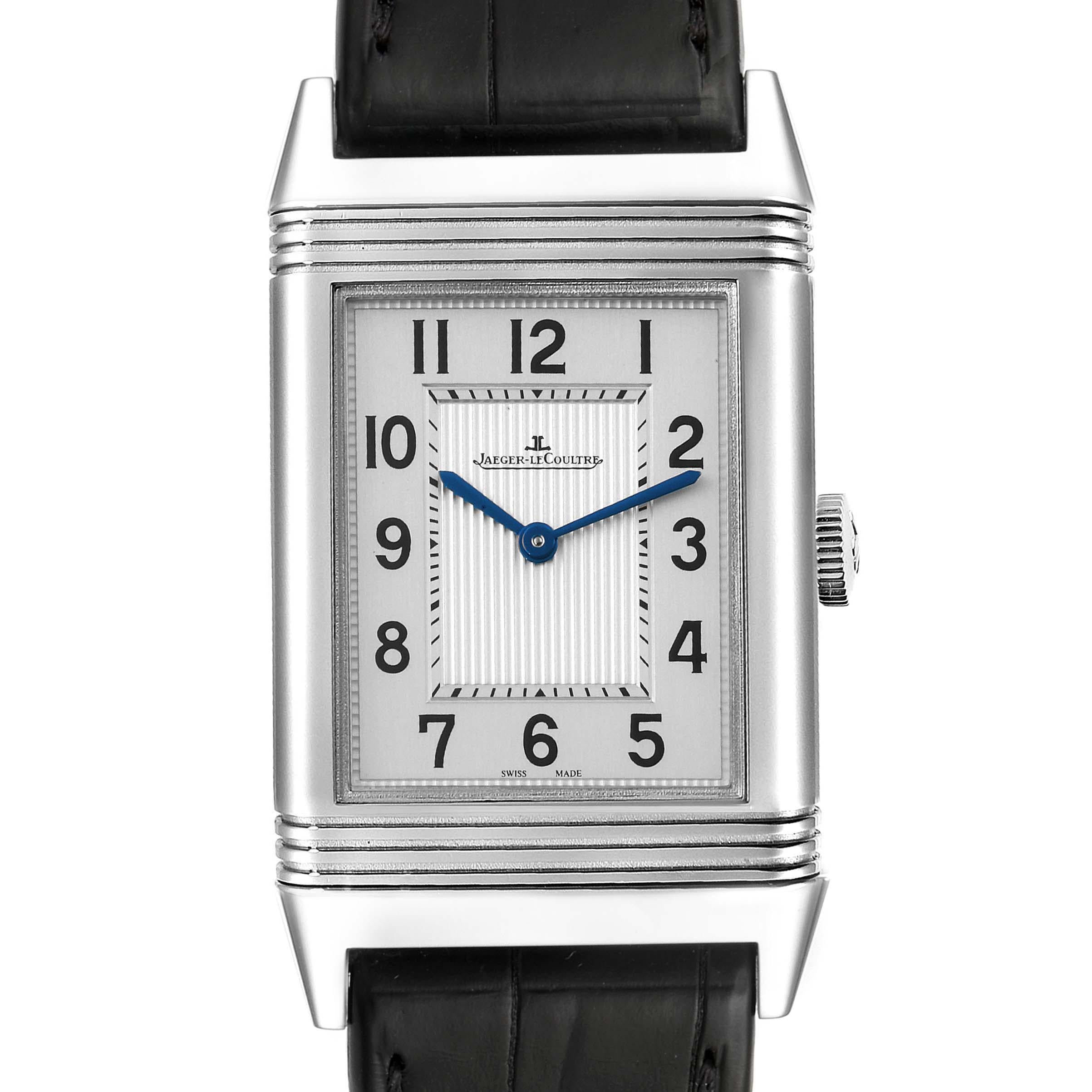 Jaeger LeCoultre Grande Reverso Ultra Thin Mens Watch 277.8.62 Q2788520. Manual winding movement. Stainless steel five-body 45.6 mm x 27.4 mm rectangular rotating case. Case thickness: 8.5 mm. Solid case back. Stainless steel reeded bezel. Scratch