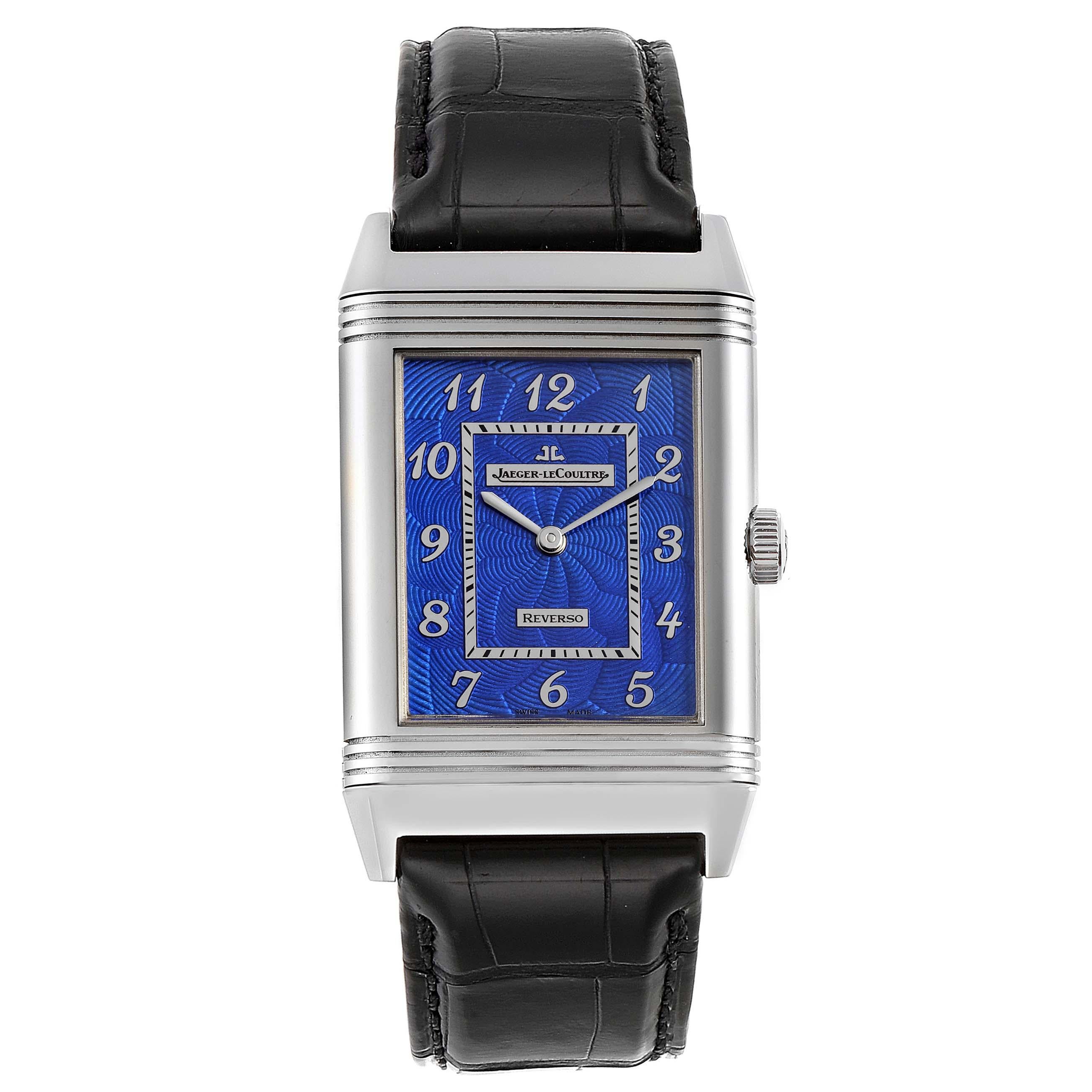 Jaeger LeCoultre Grande Reverso White Gold Limited Watch 273.3.62 Box Card. Manual-winding movement. 18K white gold 49 mm x 30 mm rectangular rotating case. Solid case back. 18K white gold reeded bezel. Scratch resistant sapphire crystal. Blue