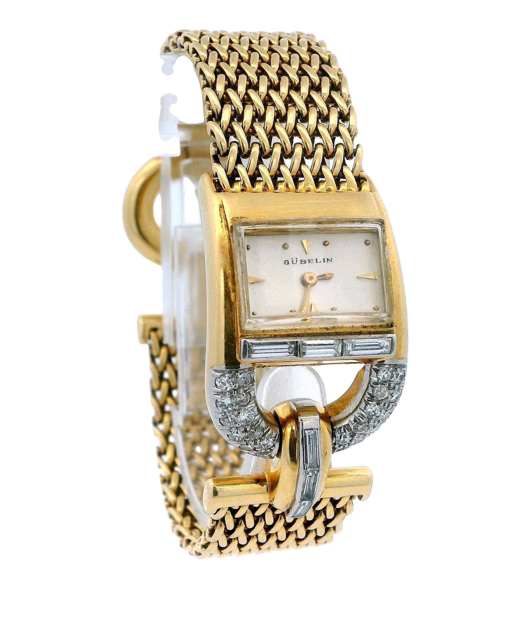 Women's Gubelin 18k Yellow Gold Pave Stirrup Mesh Bracelet Ladies Watch For Sale