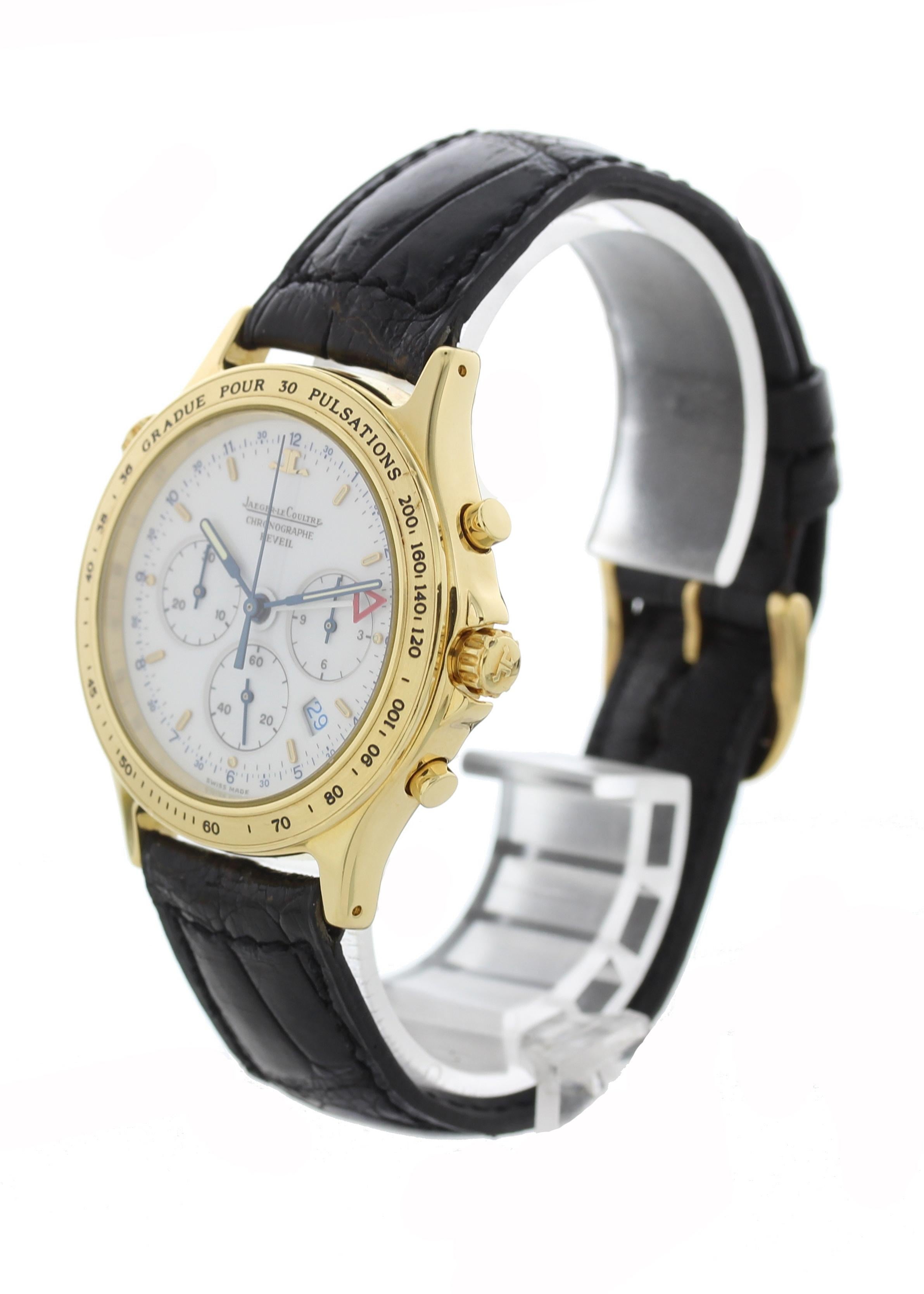 Jaeger Lecoultre Heraion 116.1.33 Mens Watch. 36mm 18k yellow gold case and bezel. White dial with luminous steel hands and gold indexes. Date display. Black alligator leather strap with gold-tone buckle. Will fit up to a 7-inch wrist. Quartz