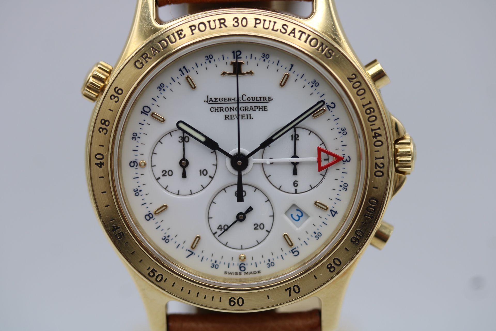 Jaeger-LeCoultre Heraion Chronograph Reveil 116.1.33 in exceptional condition and order! A recent battery change on this Quartz battery powered JLC. 

The “meca-quartz” cal 633 movement features a chronograph with pulsations scale, date and alarm
