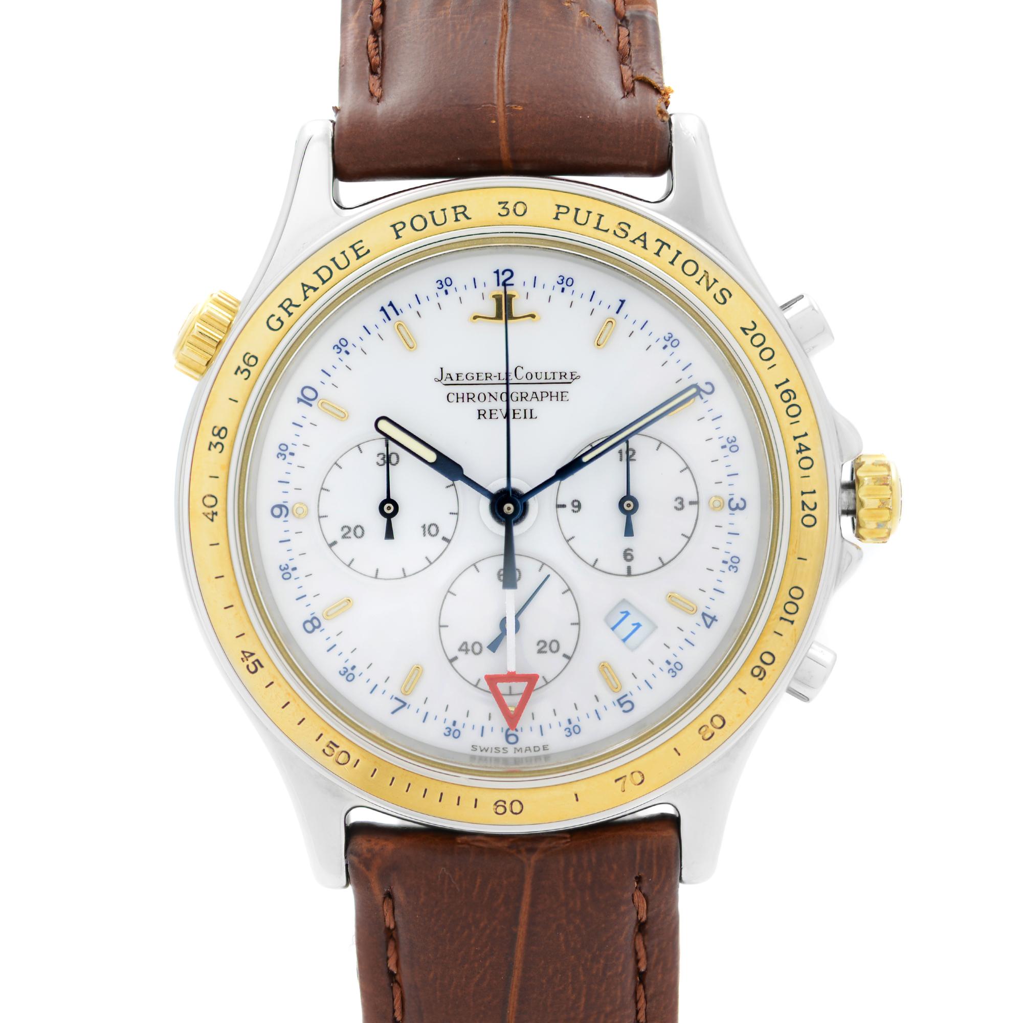 Pre-owned Jaeger LeCoultre Steel and Gold Quartz Chronograph Watch 116.5.33. This Beautiful Timepiece Features: Stainless Steel Case with an Aftermarket Brown Leather Strap but original Deploynay Buckle, Fixed 18kt Gold Engraved Bezel, White Dial