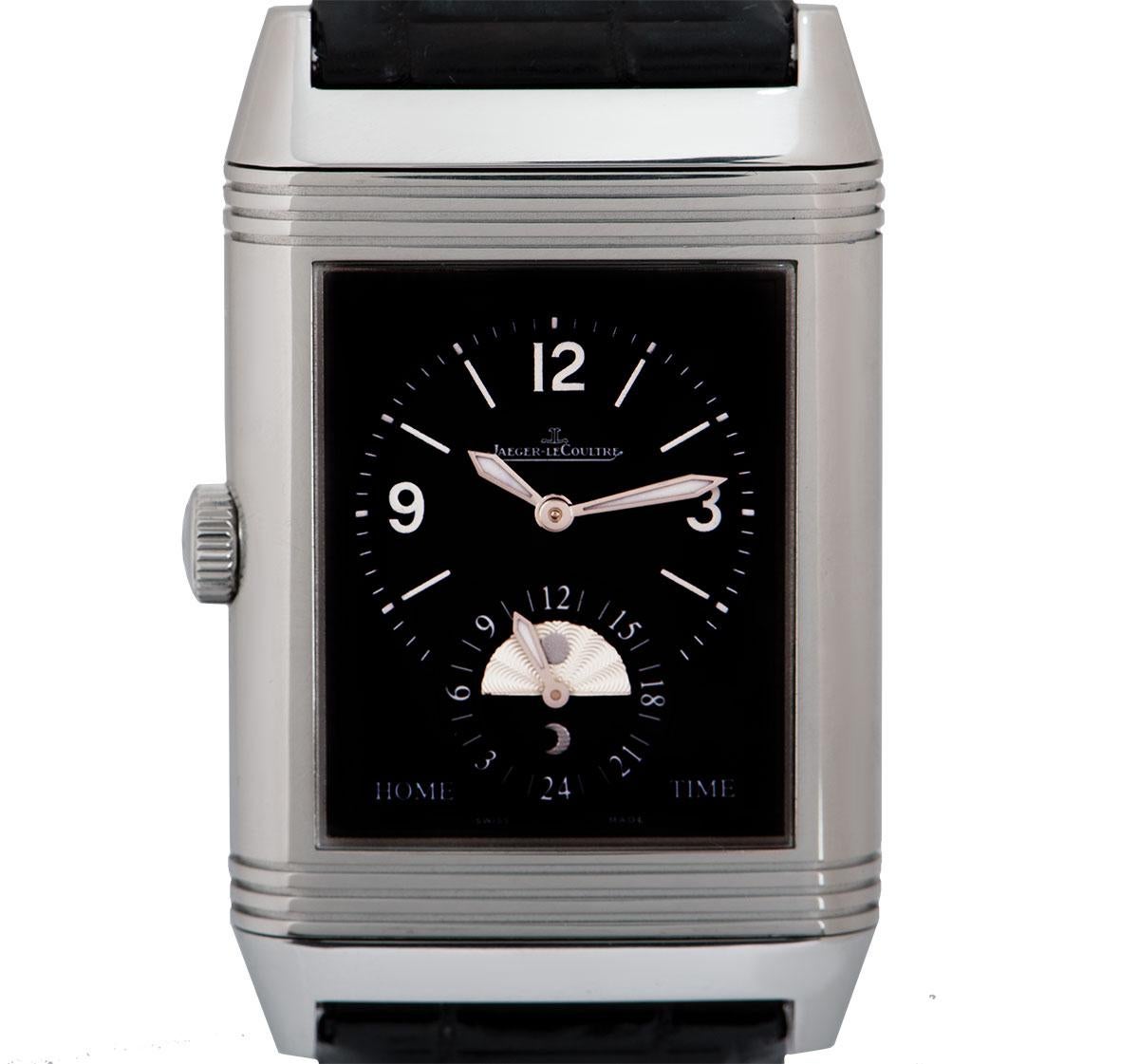 A 32 mm Limited Edition Stainless Steel Grande Reverso Duodate Gents Wristwatch, silver dial with arabic numbers, small seconds at 6 0'clock, date at 12 0'clock, blued steel hands, reverse black dial hour markers and arabic numbers 3, 9 & 12, day &