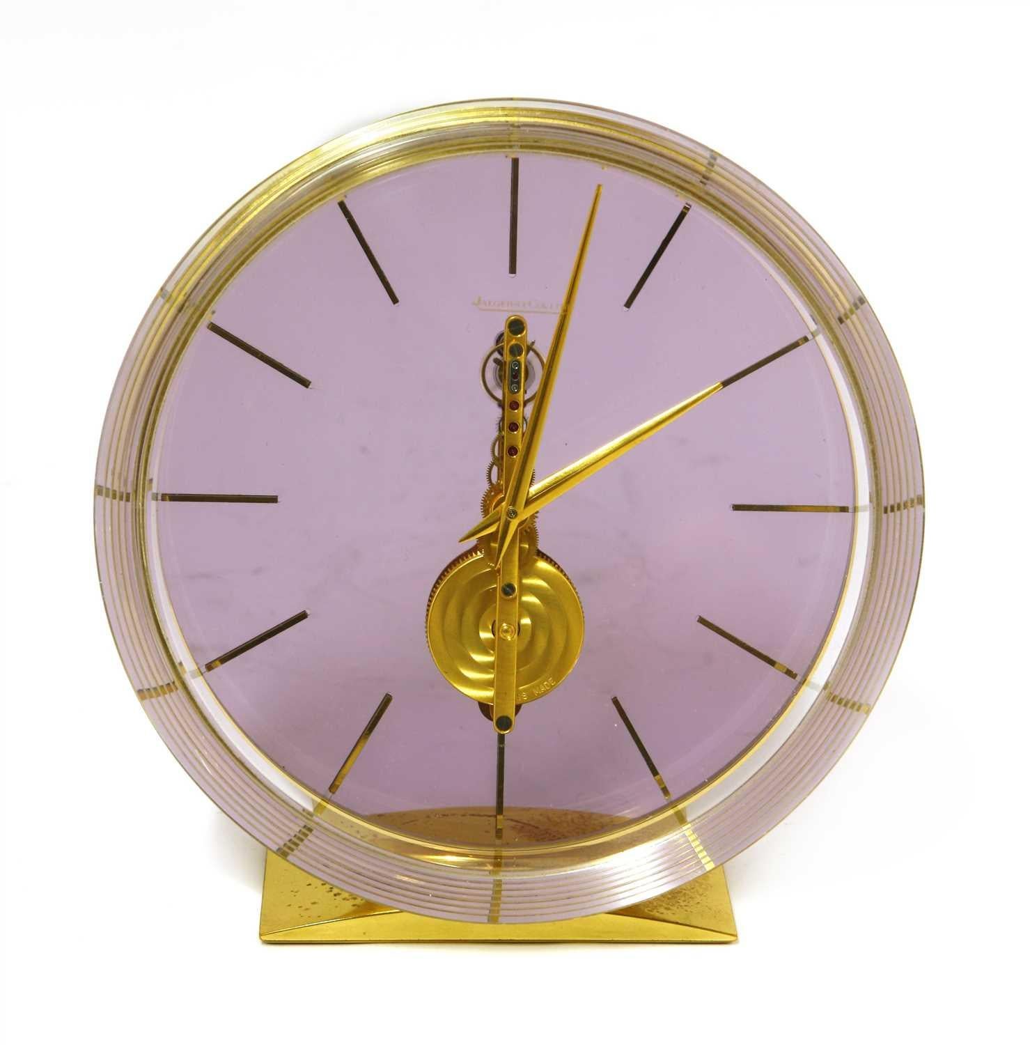 Swiss Jaeger-LeCoultre Lucite and Gilt Metal Skeleton Table Clock For Sale