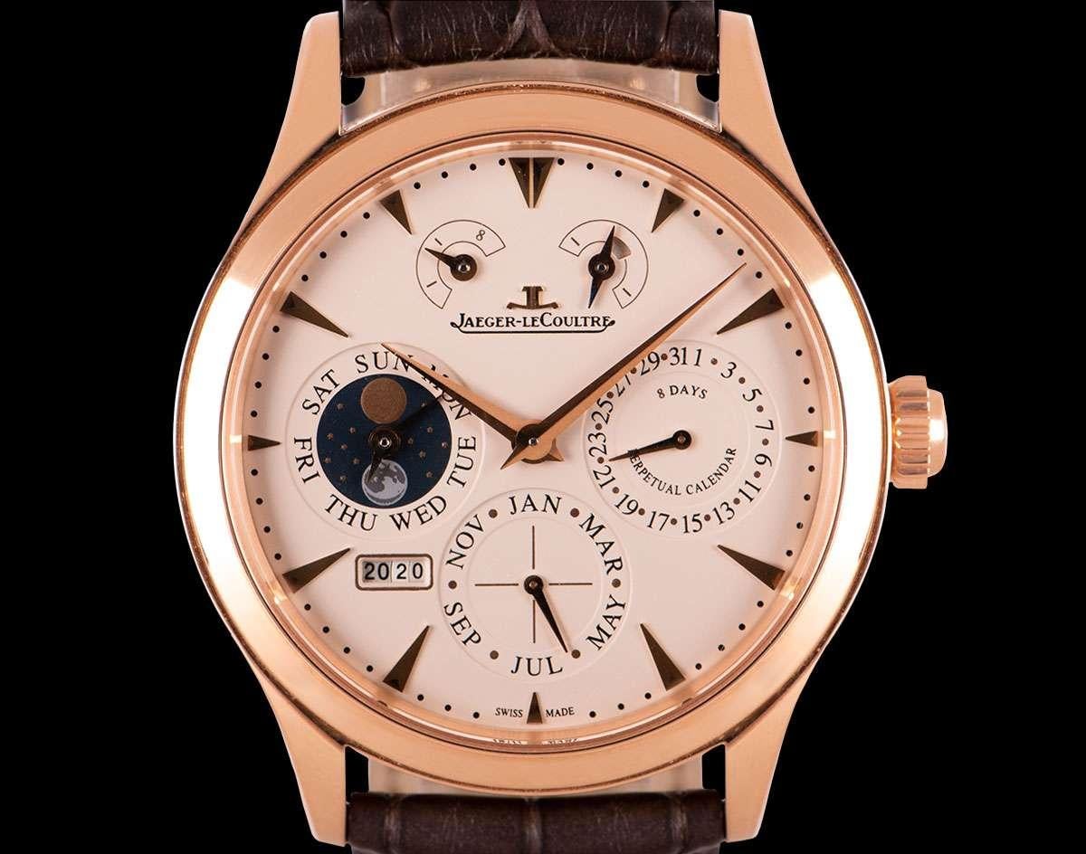 An 18k Rose Gold Master 8 Day Perpetual Gents 40mm Wristwatch, silver dial with applied hour markers, date at 3 0'clock, month at 6 0'clock, year between 7 and 8 0'clock, day and moonphase display at 9 0'clock, 8 day power reserve indicator between