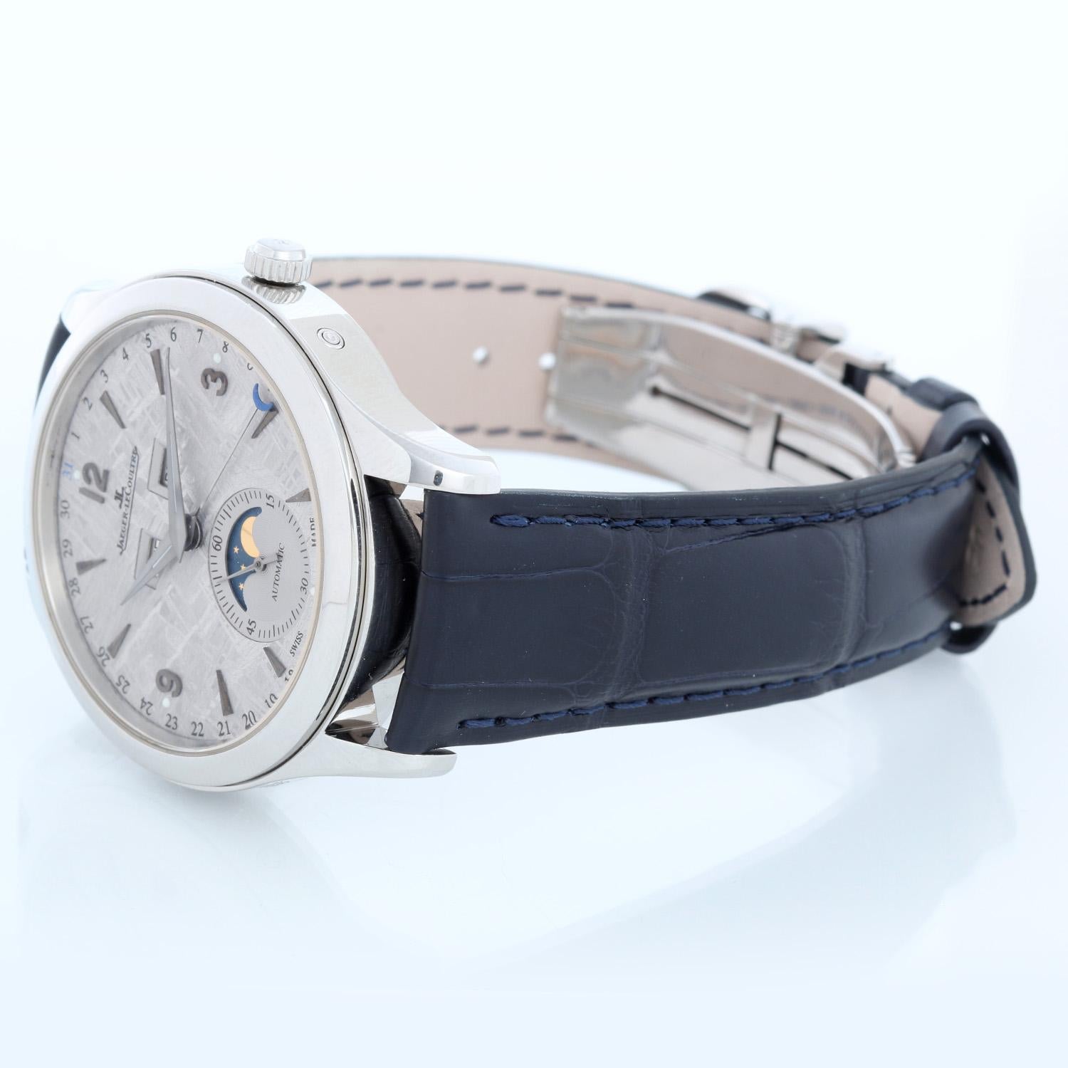 Jaeger-LeCoultre Master Calendar Men's Meteorite Stainless Steel Watch Q1558421 176.8.12.S - Automatic winding. Stainless steel case.  (39mm diameter). Meteorite dial with day and month indicator and date on outer edge of dial. Black Jaeger strap
