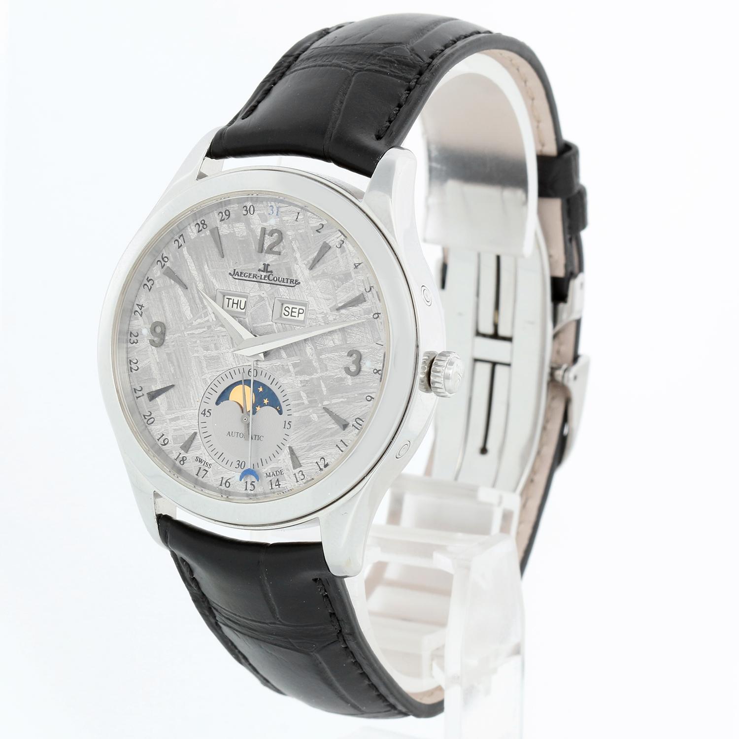 Jaeger-LeCoultre Master Calendar Men's Meteorite Stainless Steel Watch Q1558421 176.8.12.S - Automatic winding. Stainless steel case  (39mm diameter). Meteorite dial with day and month indicator and date on outer edge of dial. Jaeger strap band with