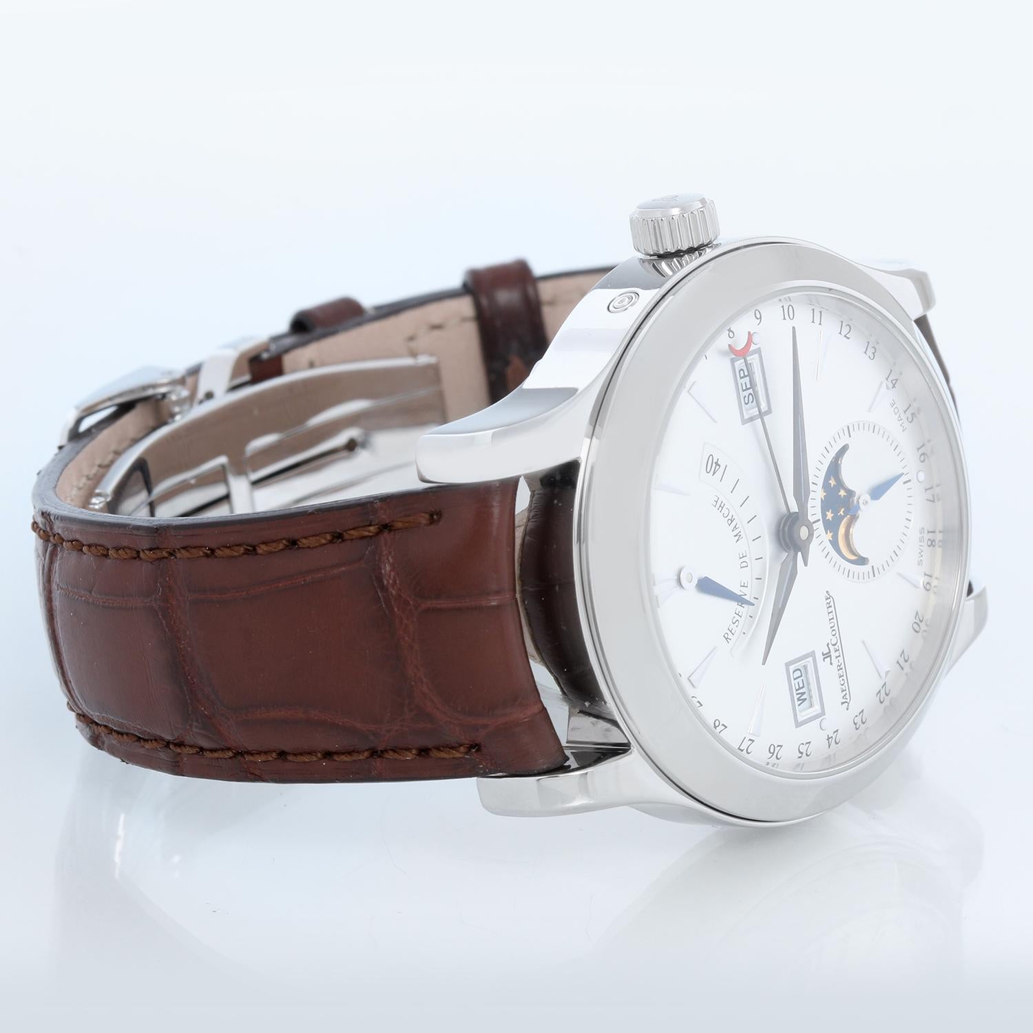 Jaeger-LeCoultre Master Calendar Men's Stainless Steel Watch 147.8.41S - Automatic winding. Full Calendar, Moon Phase, Month, Date, Day, Hour, Minute, Small Second. Stainless steel case with exposition back  (40mm diameter). Silvered dial with