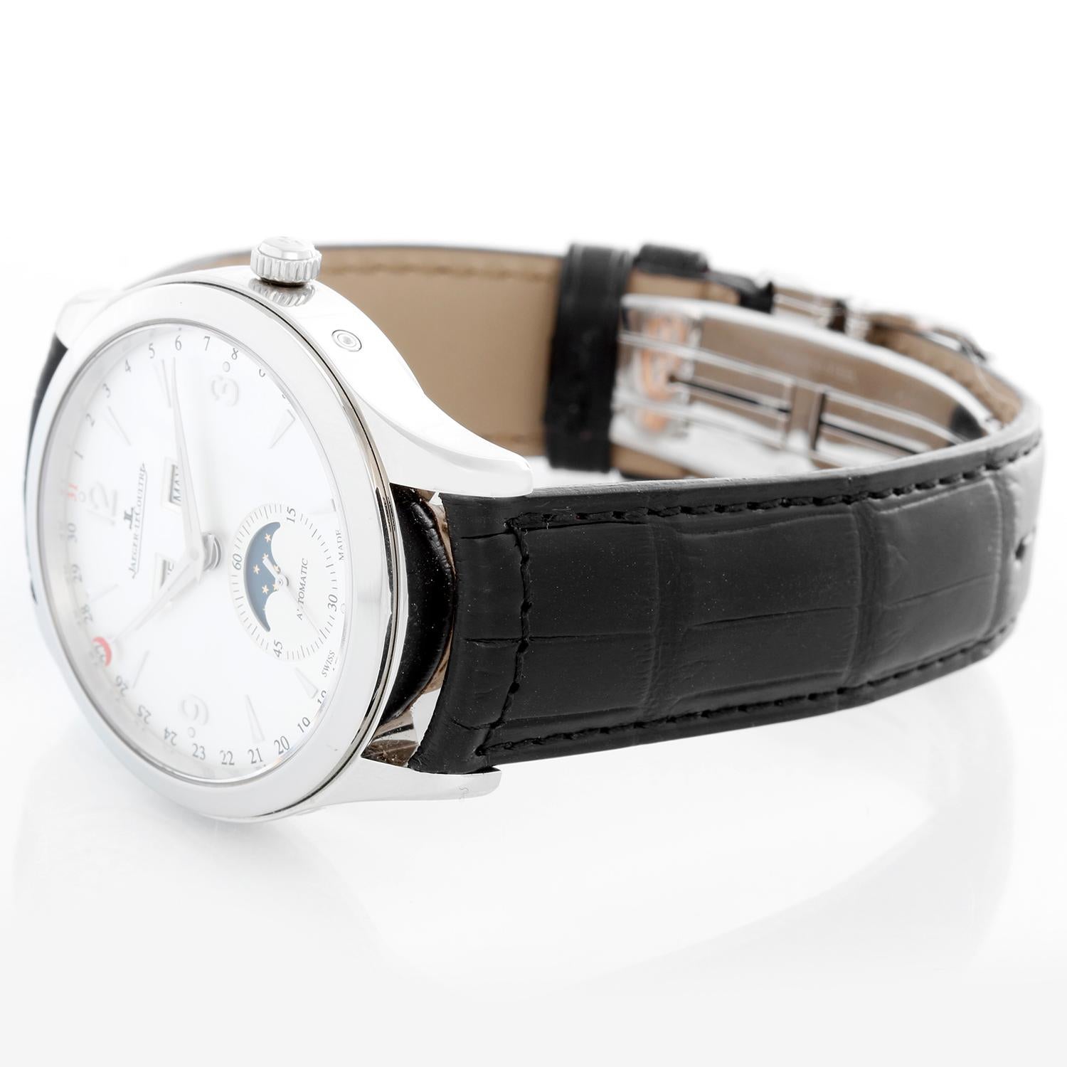 Jaeger-LeCoultre Master Calendar Men's Stainless Steel Watch Q1558420 - Automatic winding. Full Calendar, Moon Phase, Month, Date, Day, Hour, Minute, Small Second. Stainless steel case with exposition back  (39mm diameter). Silvered dial with
