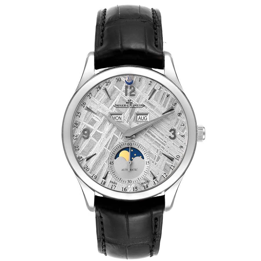 Jaeger LeCoultre Master Calendar Meteorite Dial Mens Watch Q1558421 Box Card. Self-winding automatic movement. Stainless steel case 39.0 mm in diameter. Case thickness: 10.6 mm. Concave lugs. Stainless steel smooth bezel. Scratch resistant sapphire